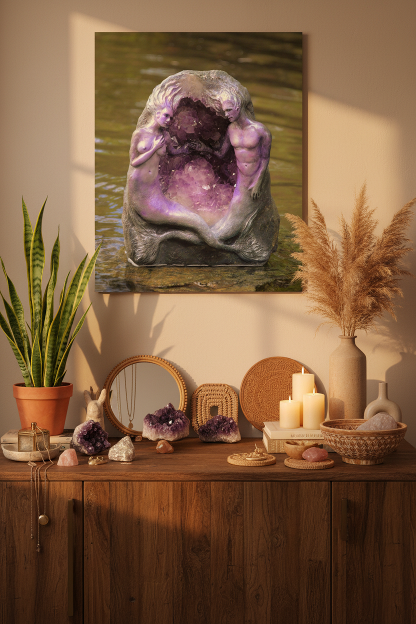 A framed wall art print depicting a surreal geode-like stone with two small figures inside, displayed above a wooden console in a styled room with plants, candles, crystals, and woven decor.