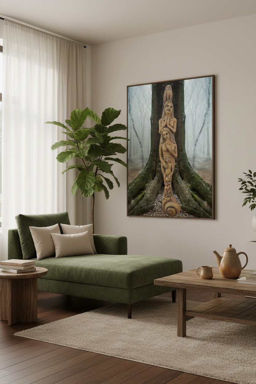 A framed vertical art print depicting a carved wooden totem statue growing from mossy tree roots in a misty forest, displayed on a beige wall in a modern living room setting with a green chaise lounge, wooden coffee table, and a potted fiddle-leaf fig plant.