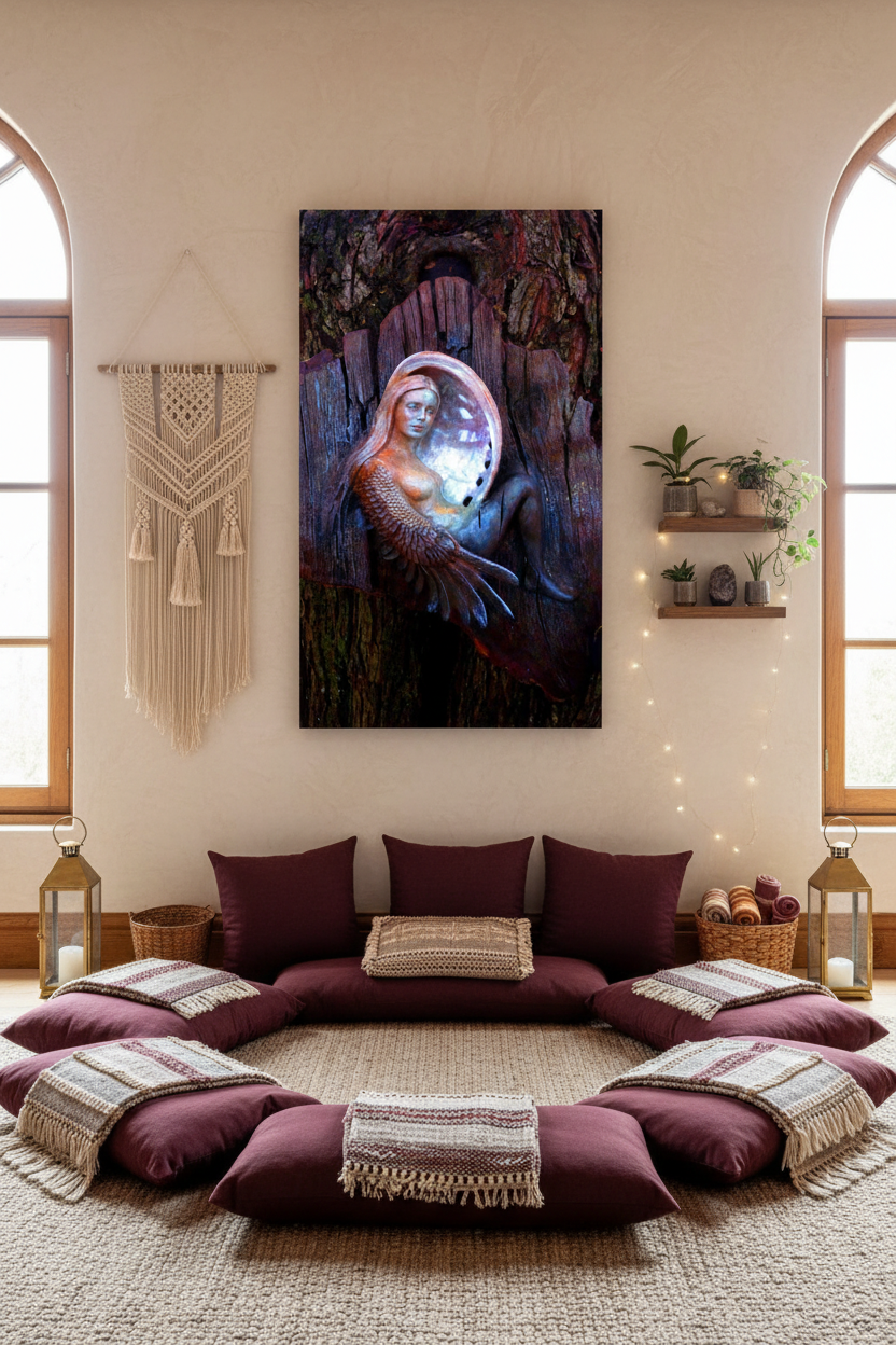 A vertical wall art print depicting a fantasy bird woman in a dark forest, styled in a bohemian room setting with a floor cushion circle, macrame wall hanging, and small plants.