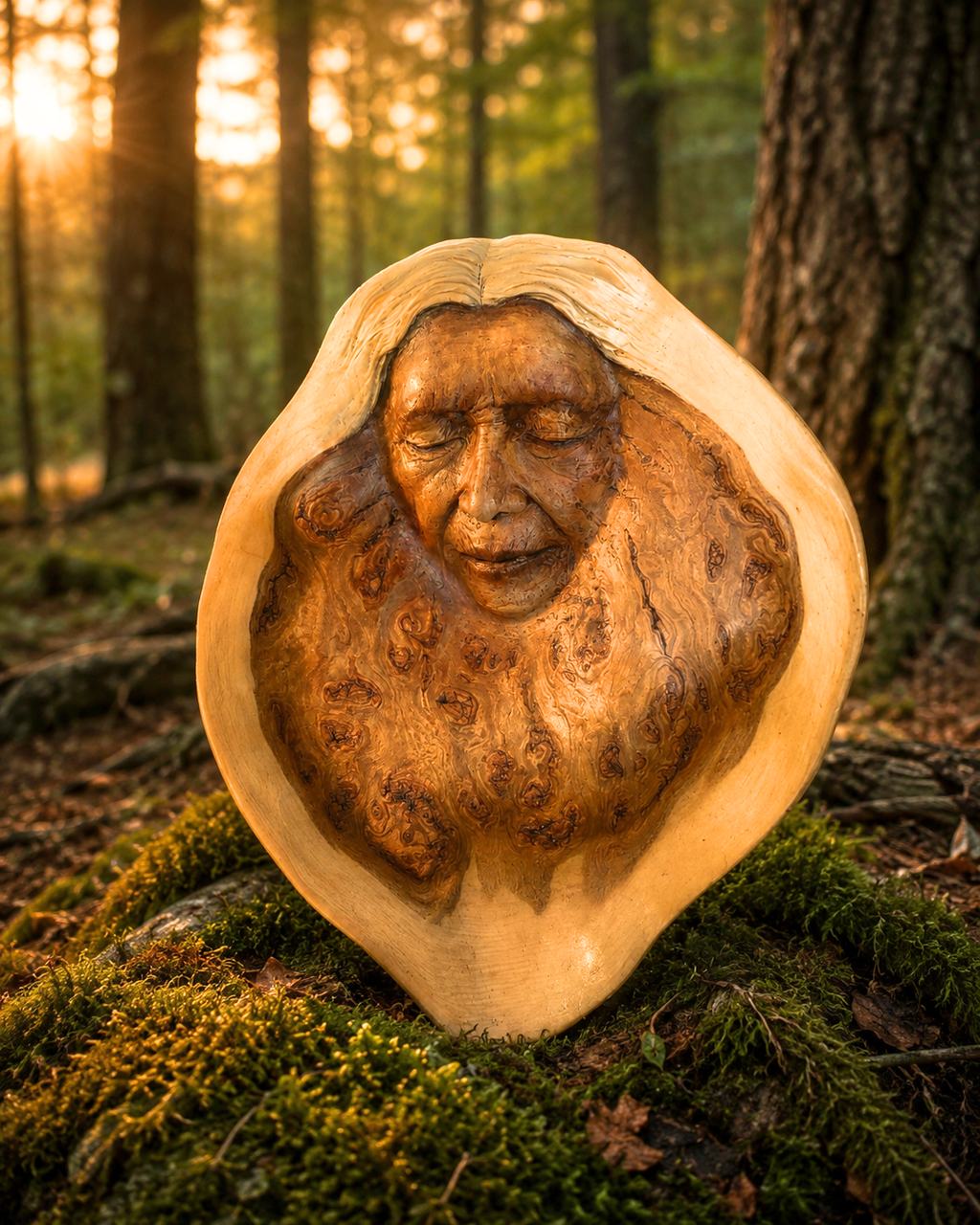 Image of Wisdom Bowl on the forest floor in a sitting on a bed of moss with filtered light pouring though the trees onto the face of a woman with a peaceful knowing expression.