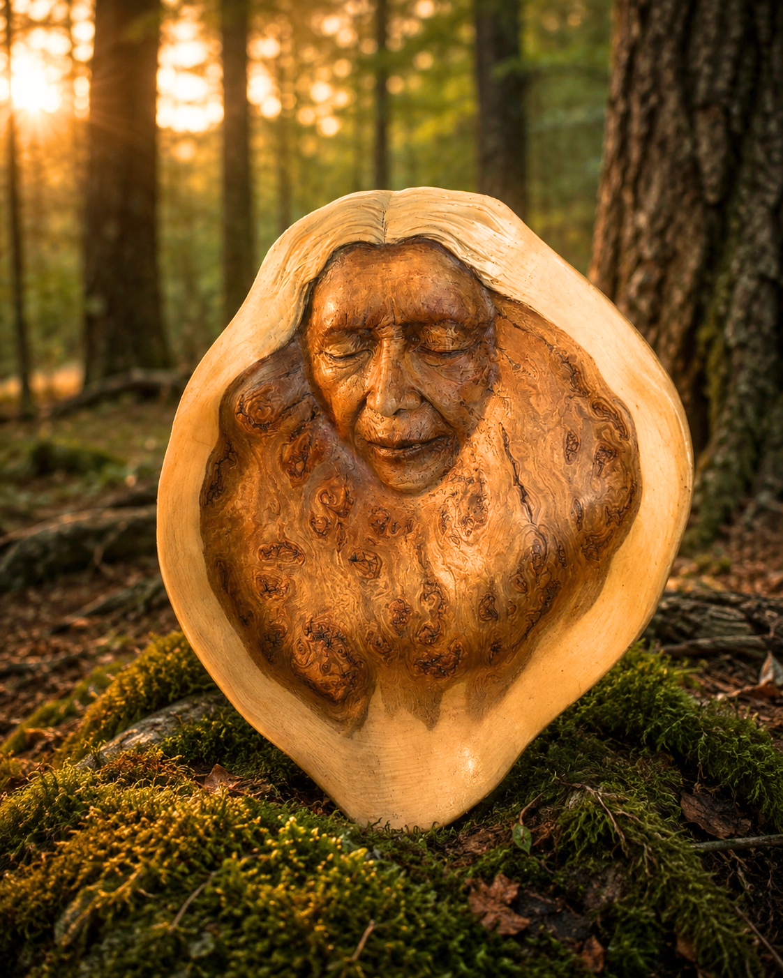 Image of Wisdom Bowl on the forest floor in a sitting on a bed of moss with filtered light pouring though the trees onto the face of a woman with a peaceful knowing expression.