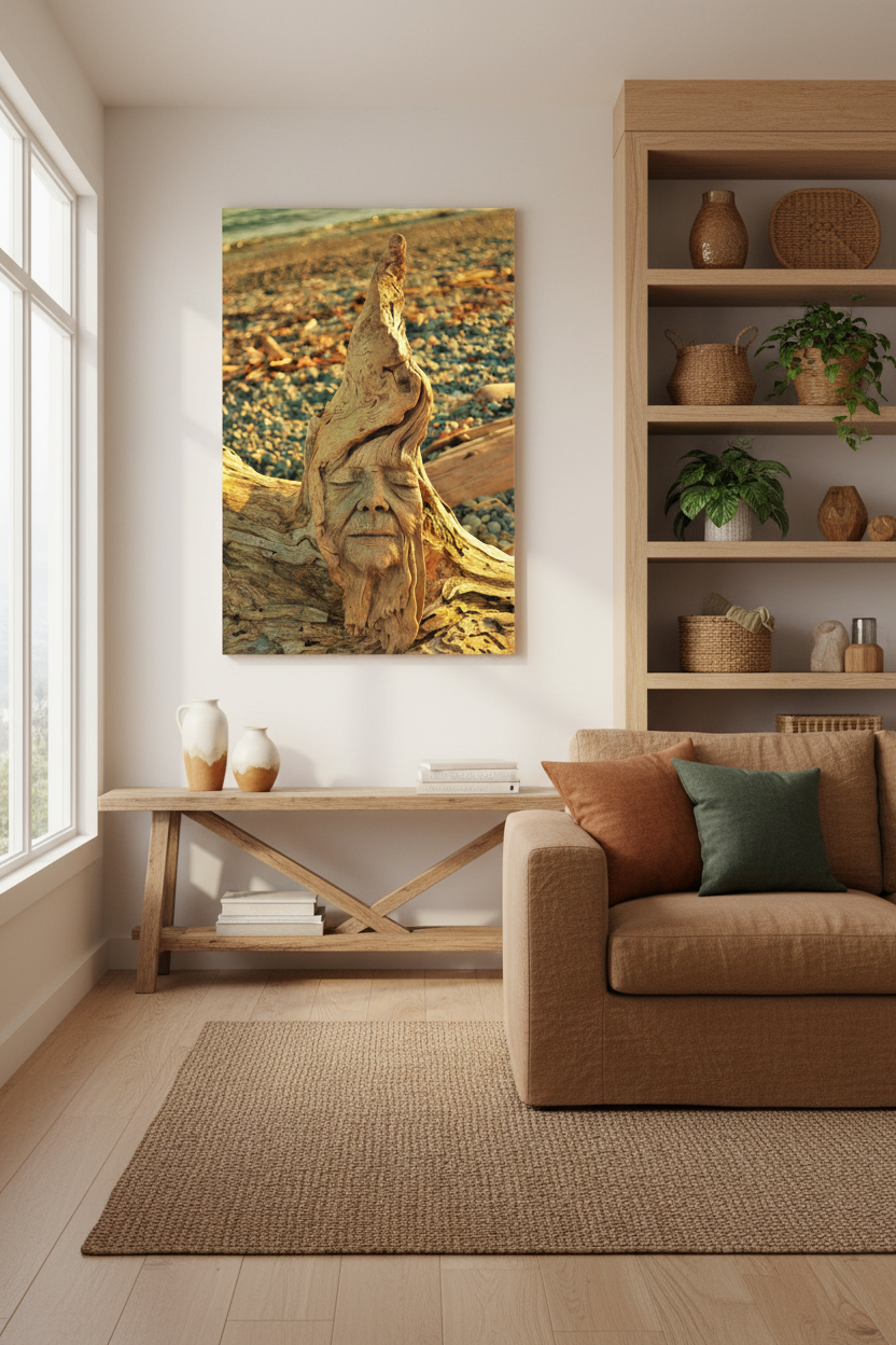 A framed wall art print depicting a beach landscape with a large weathered driftwood sculpture displayed in a modern living room setting above a wooden console table and next to a beige sofa.