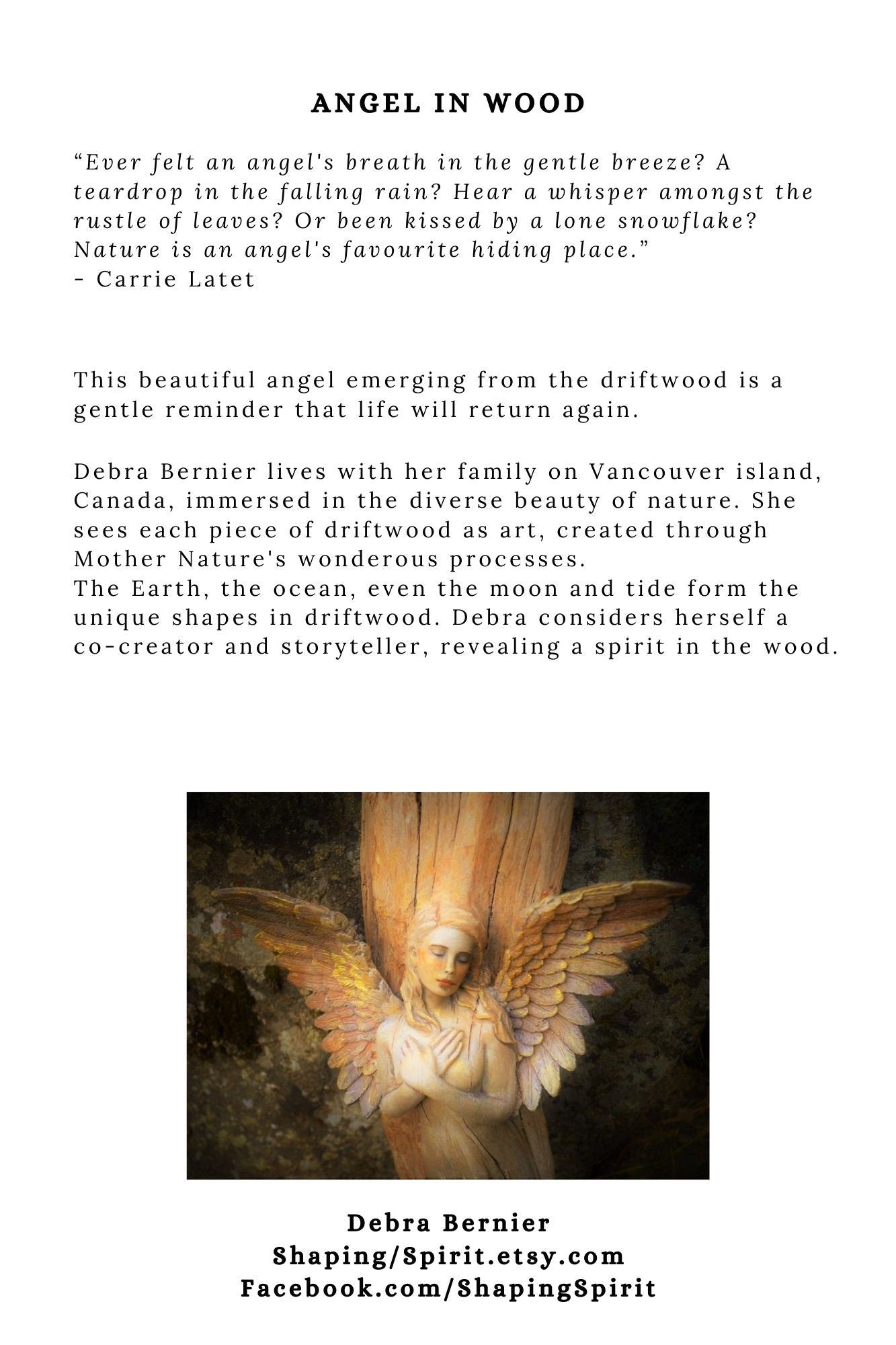 FREE SHIPPING - Art Card, Angel in Wood, by Debra Bernier, Shaping Spirit