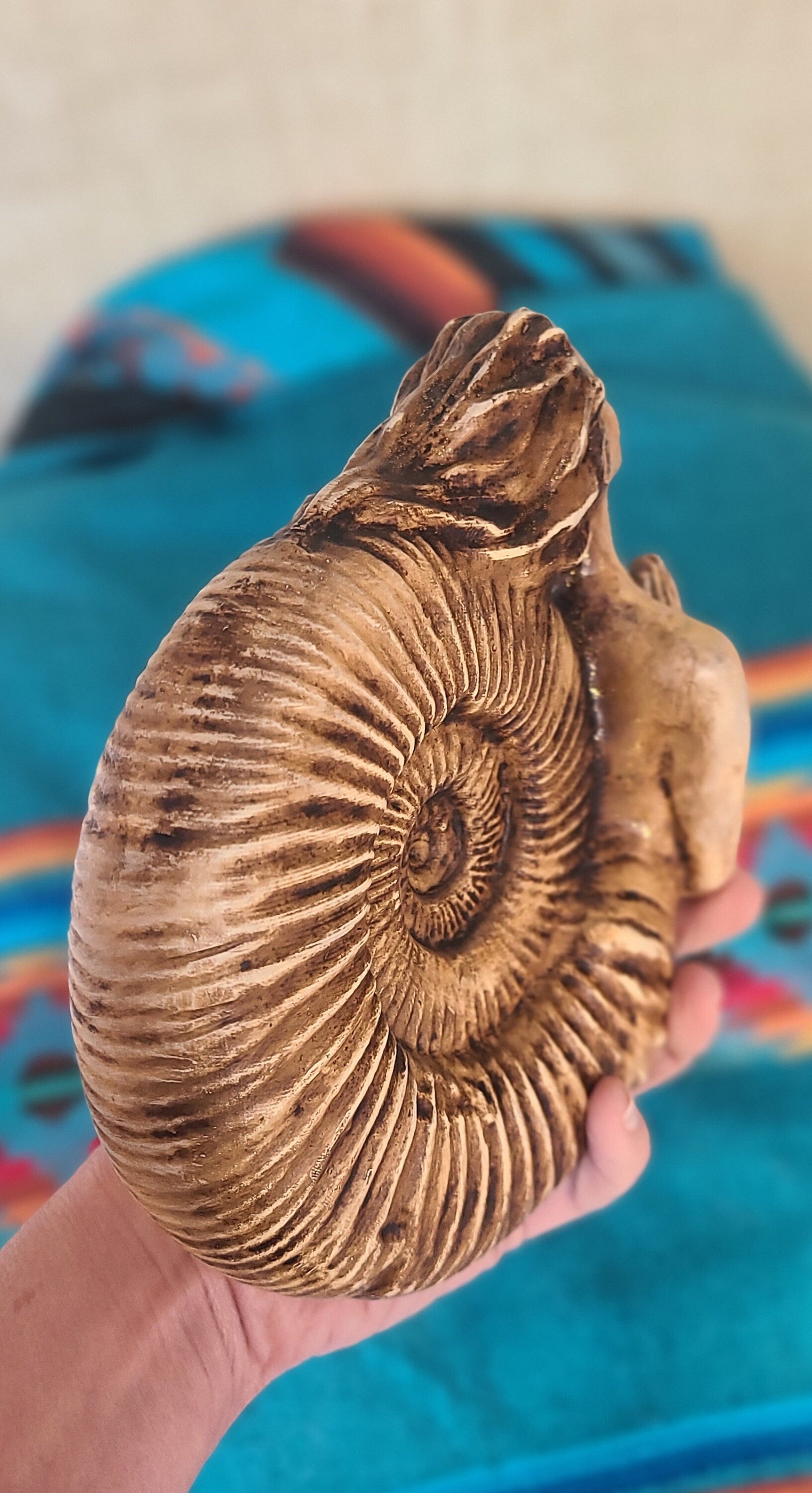 Ammonite Woman fossil inspired sculpture styled in nature inspired home decor and meditation space