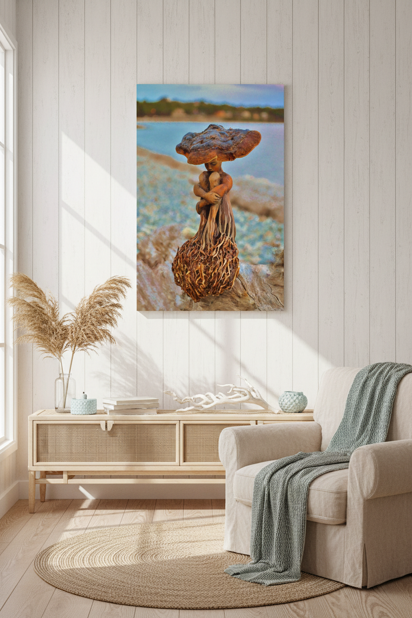 A vertical canvas wall art print depicting a surreal mushroom sculpture with a human figure inside its cap, hanging on a white wood-paneled wall in a modern, sunlit living room with a beige armchair and a light wood console.
