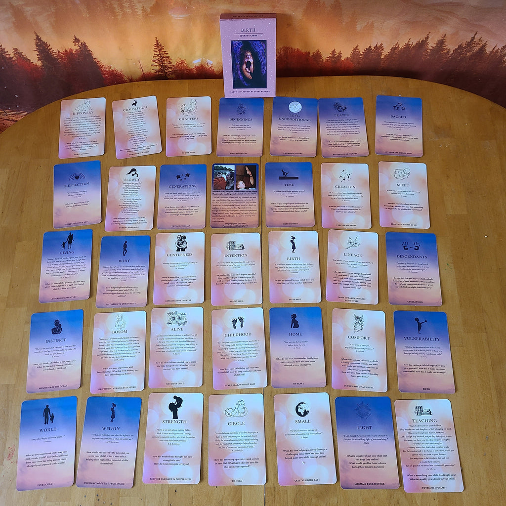 Spread of Birth Journey Deck cards showing nurturing artwork and inspirational prompts