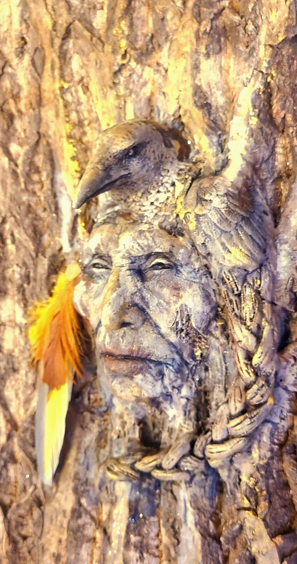 Raven Crow, Elder Native Man, Wisdom of the Trees, Spirit Animal, Sculpture by Debra Bernier