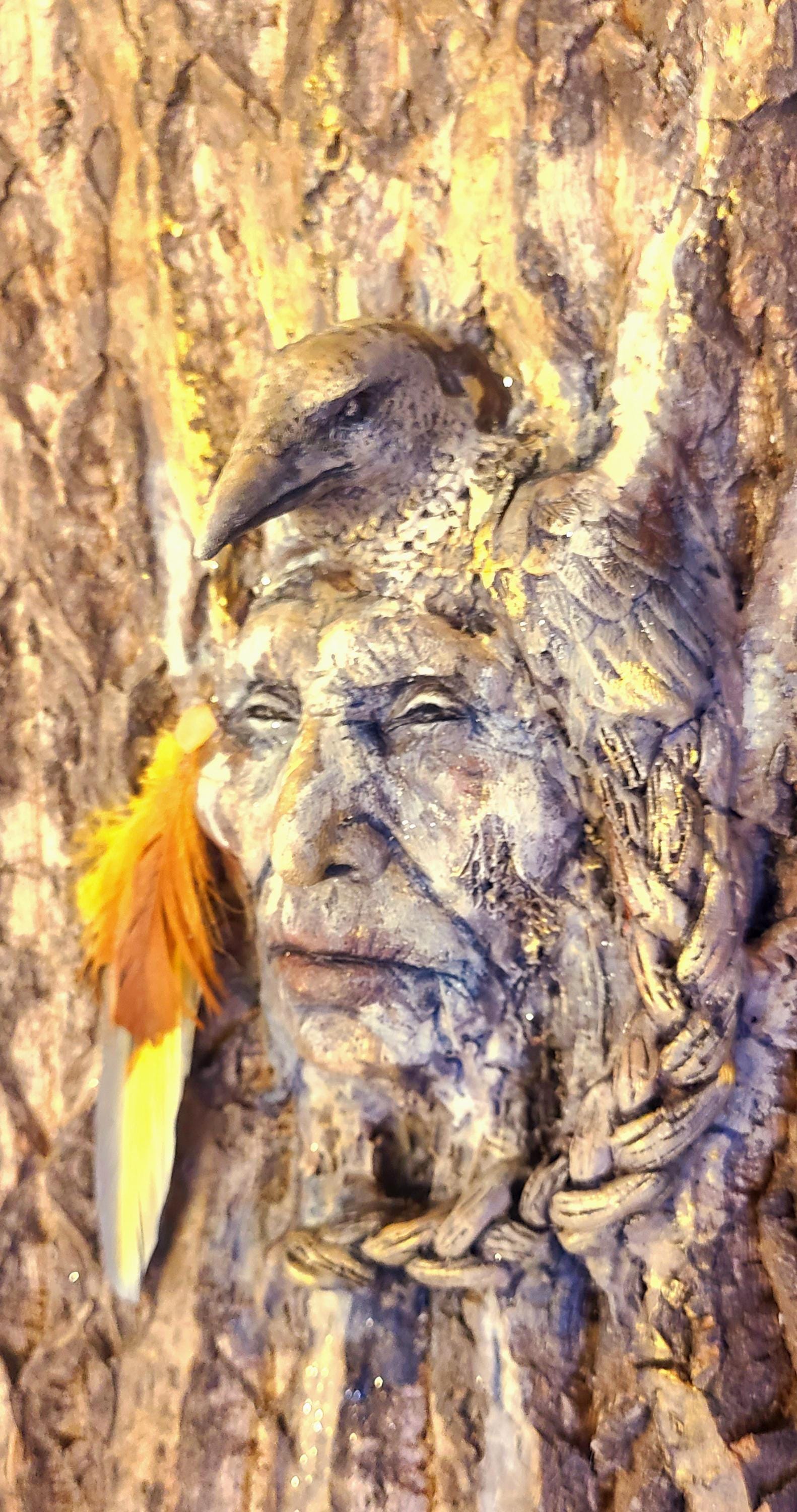 Raven Crow, Elder Native Man, Wisdom of the Trees, Spirit Animal, Sculpture by Debra Bernier