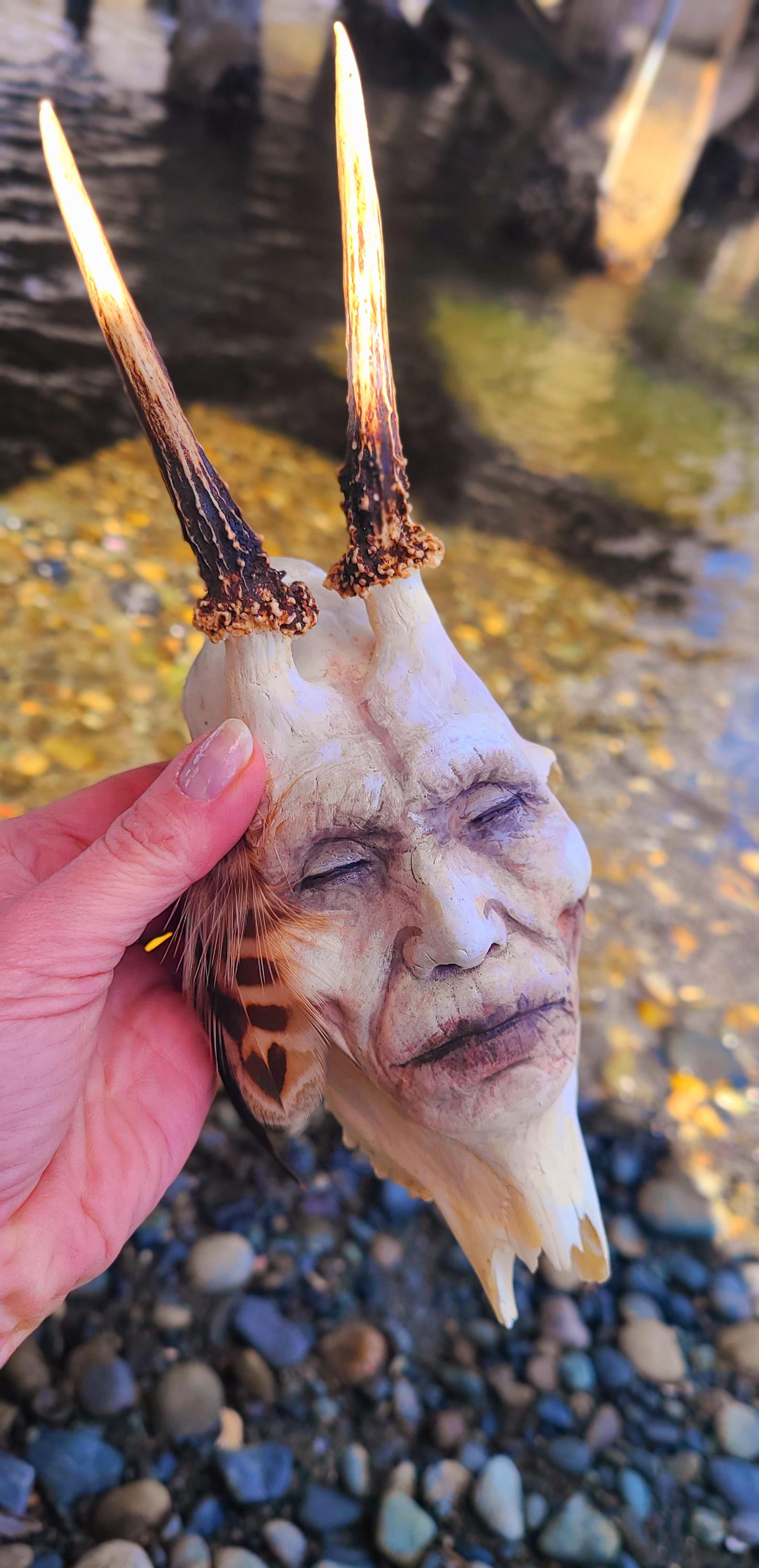 Horned Skull Man with Feathers, Altar Bone Sacred Sculpture