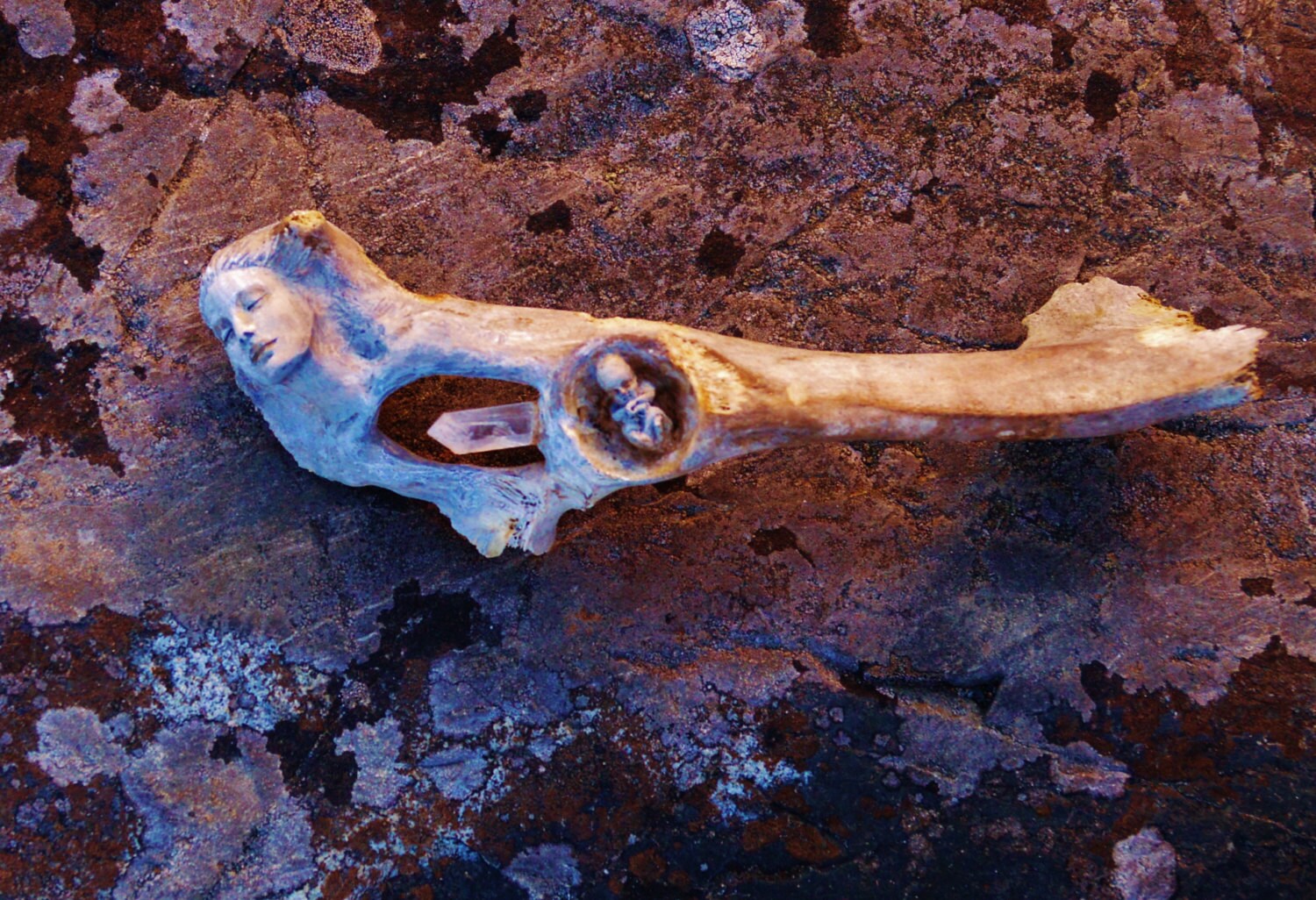 Mermaid Bone Mother with Crystal, Sacred Goddess Talking Stick, Baby in Womb Sculpture by Shaping Spirit