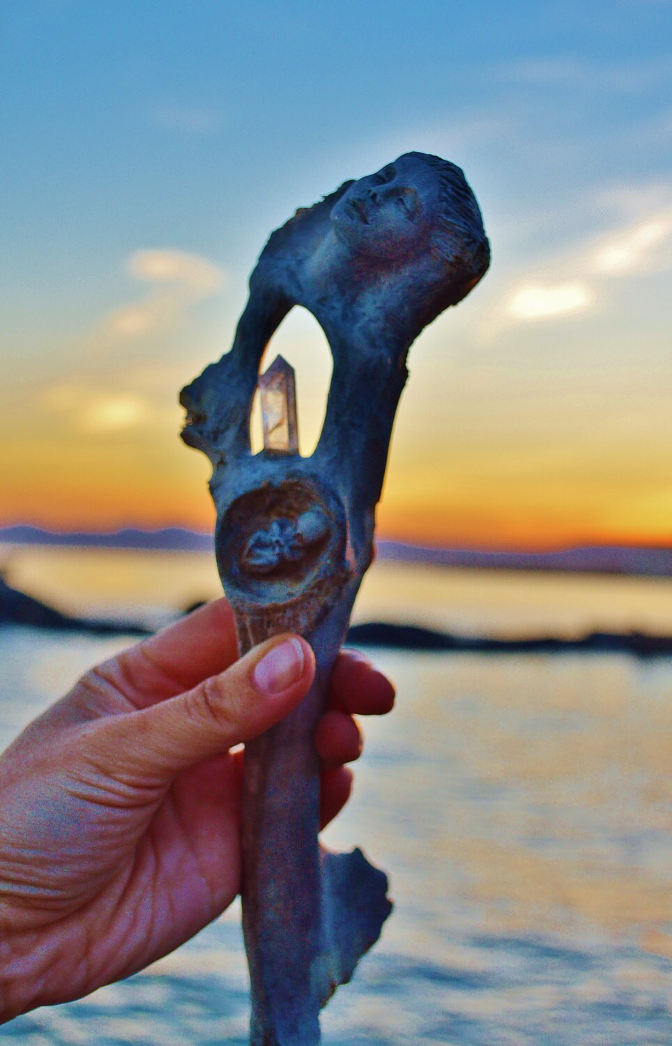 Mermaid Bone Mother with Crystal, Sacred Goddess Talking Stick, Baby in Womb Sculpture by Shaping Spirit