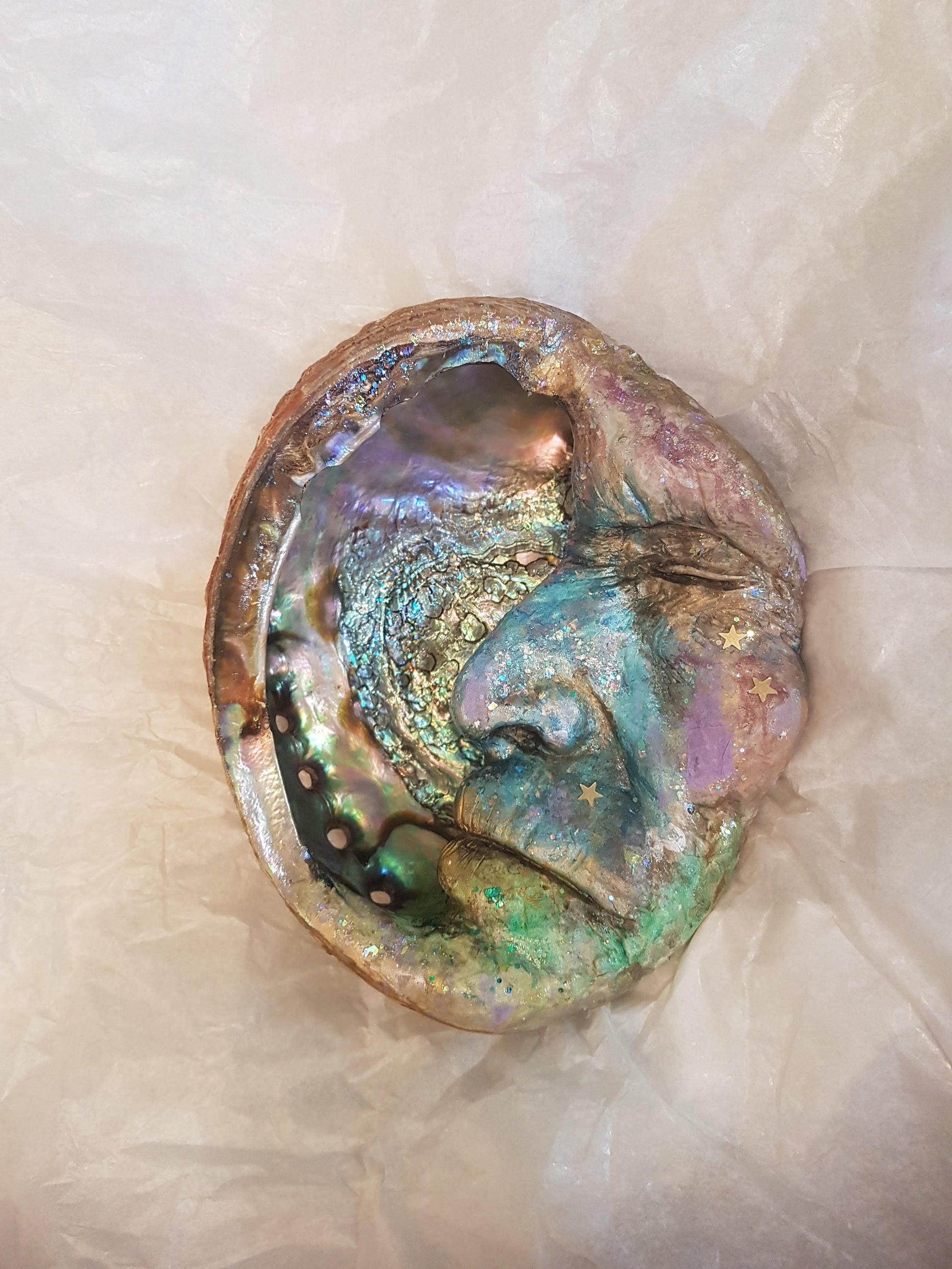 Man in the Moon Large, Elder Moon, Abalone, Mother of Pearl Shell, By Debra Bernier