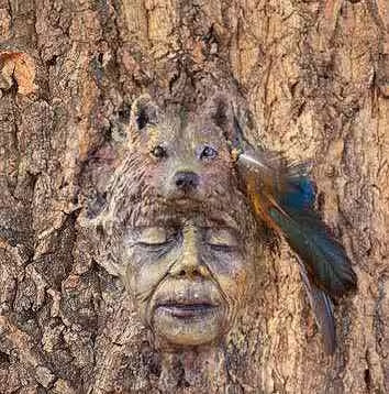 Detail view of Fox and Wolf Spirit of the Forest sculpture showing bark texture and animal forms