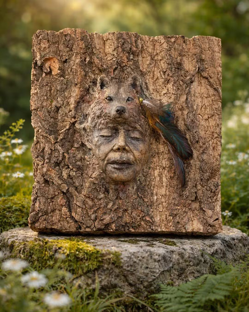 Fox and Wolf Spirit of the Forest tree bark animal sculpture spiritual woodland art by Debra Bernier