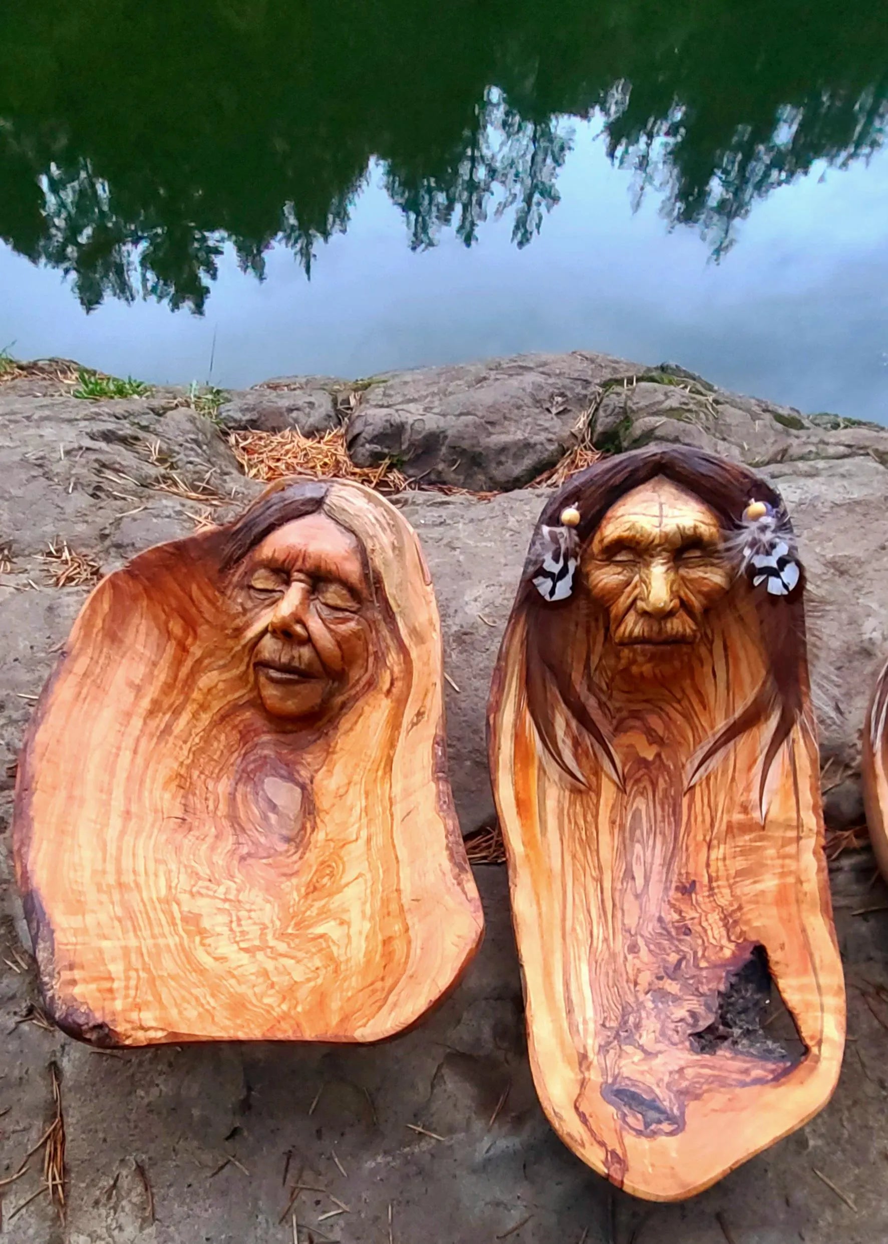 Native Elder Man, Grandfather Wood Bowl with Feathers