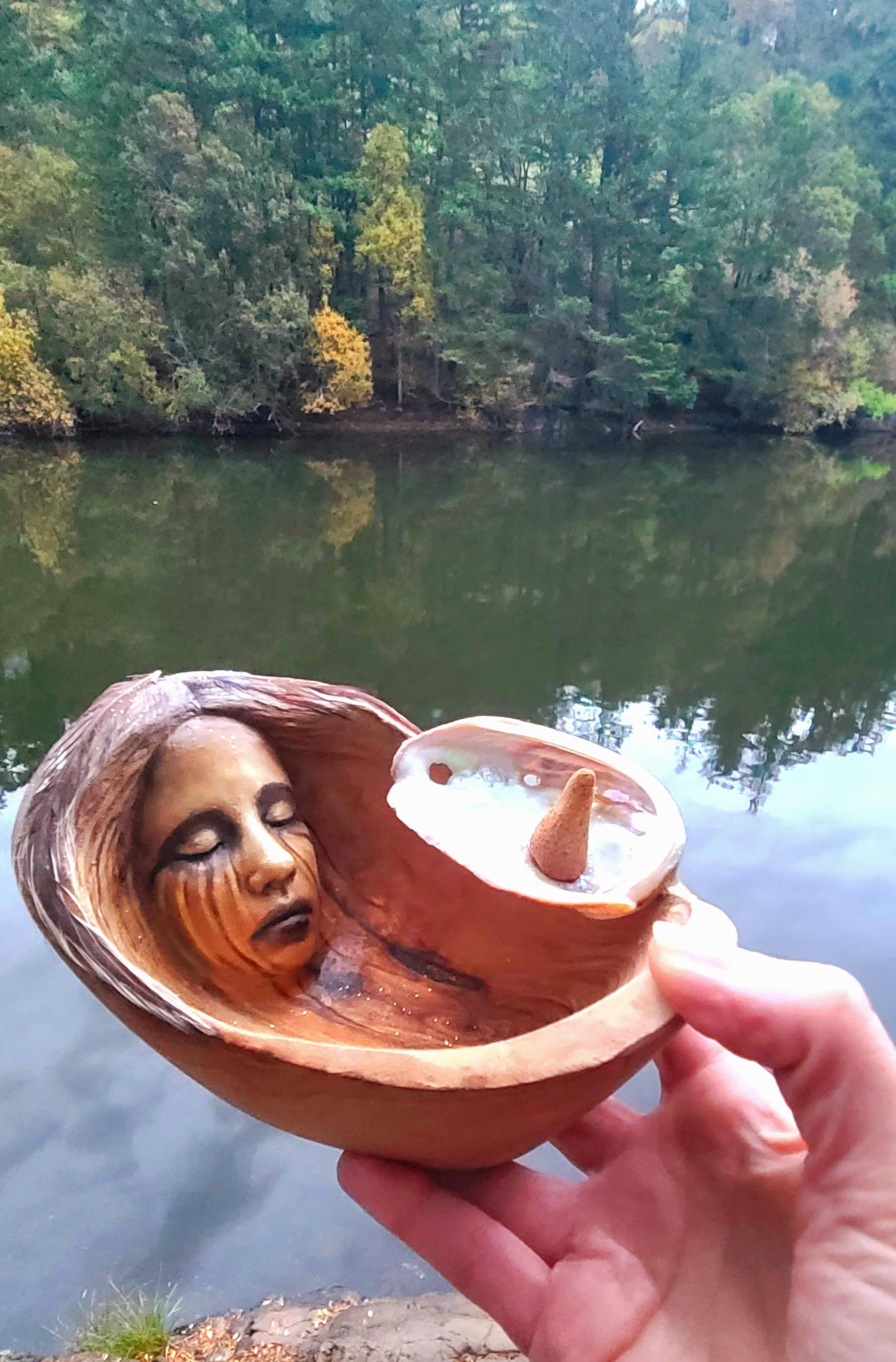 The Child I was, Olive Wood Bowl with Abalone Pearl, Incense Holder, Jewelry Dish Gift