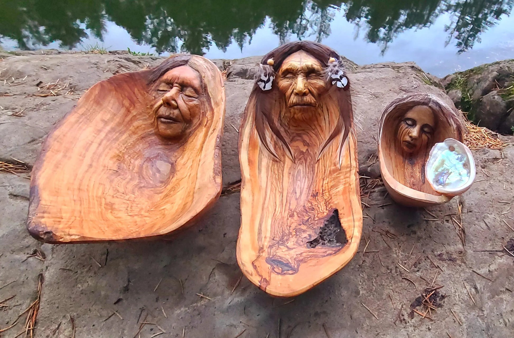 Native Elder Man, Grandfather Wood Bowl with Feathers