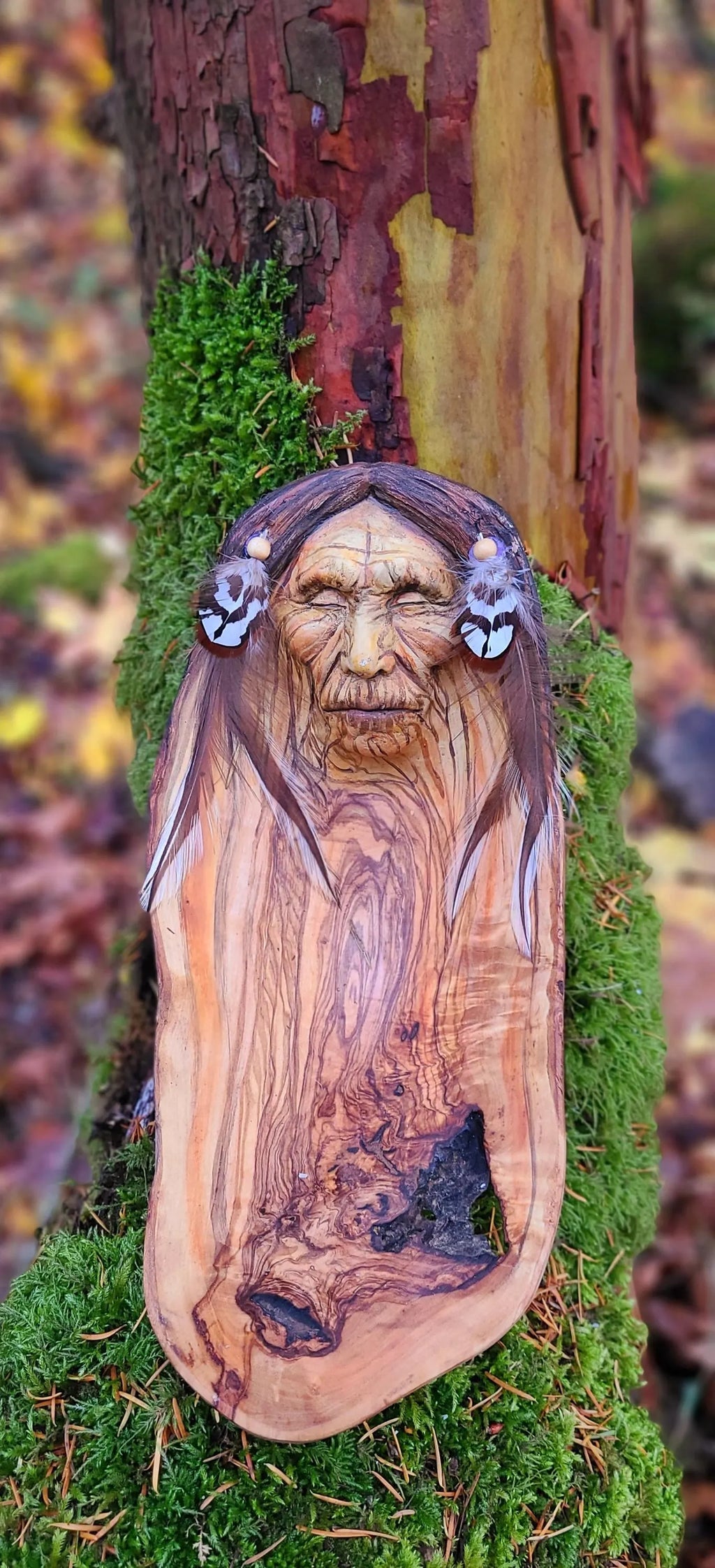 Native Elder Man, Grandfather Wood Bowl with Feathers