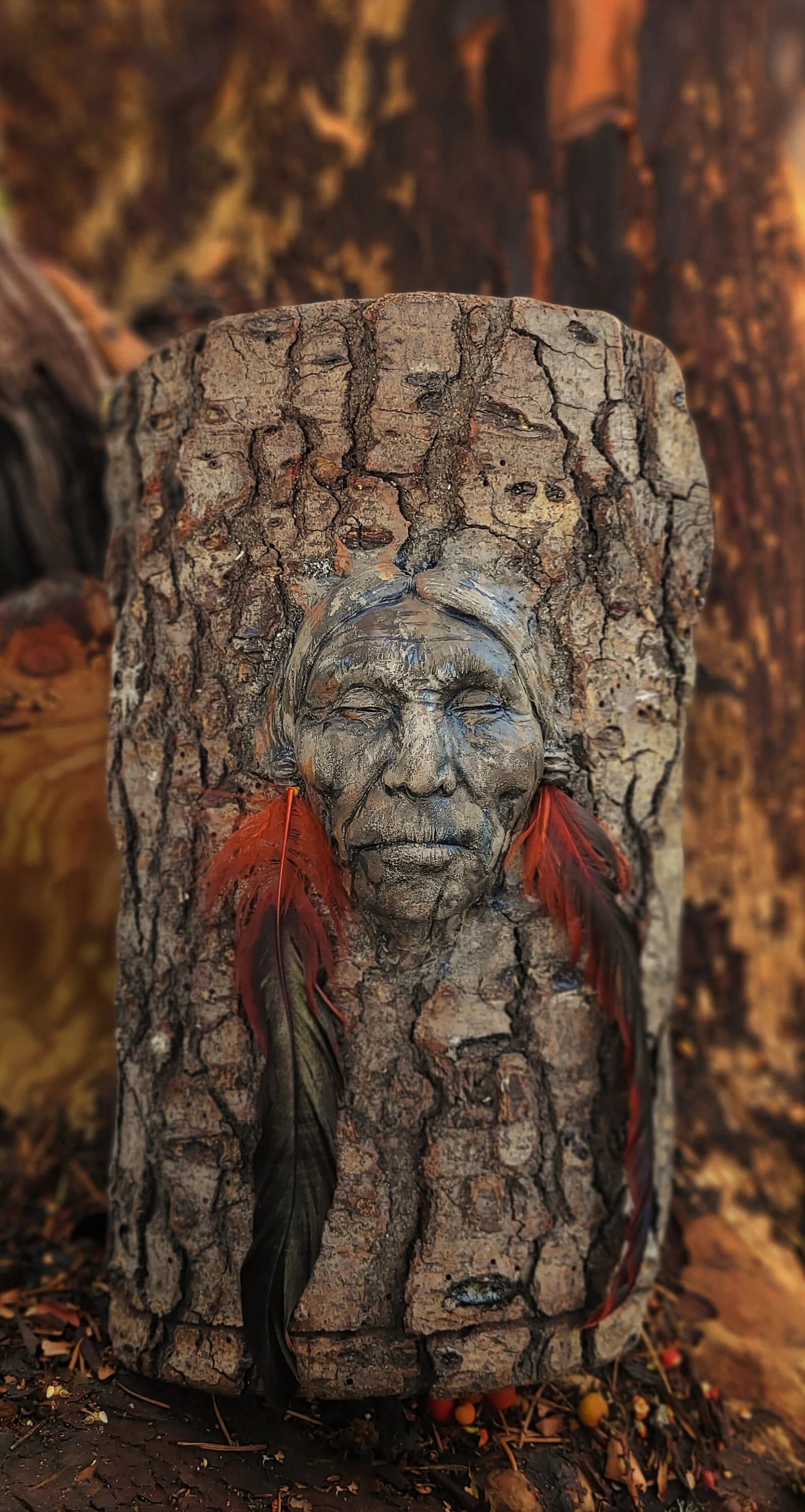 Listen to Your Heart tree bark elder wall sculpture with feathers spiritual nature art by Debra Bernier