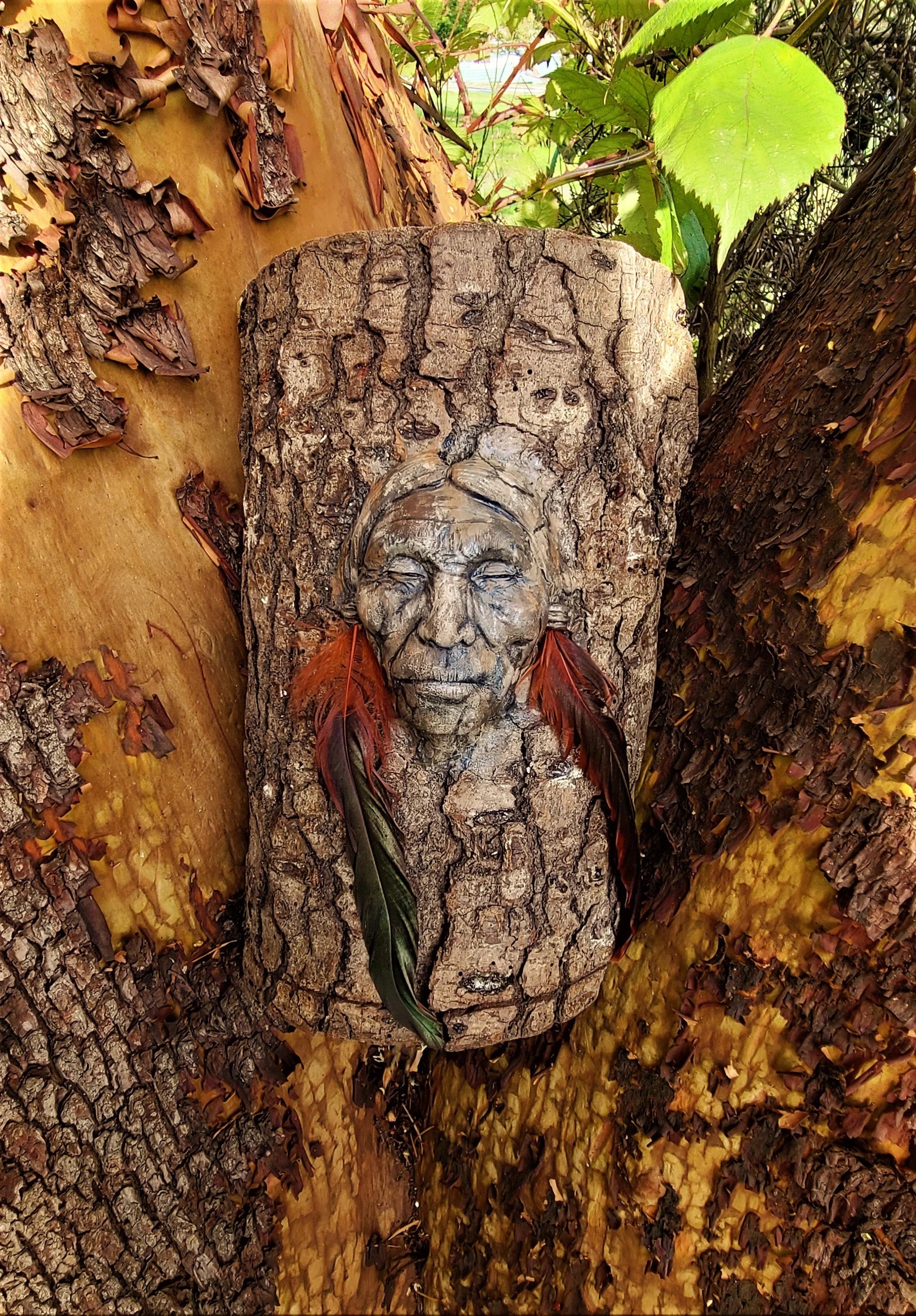 Side view of Listen to Your Heart tree bark sculpture showing feather detail and organic texture