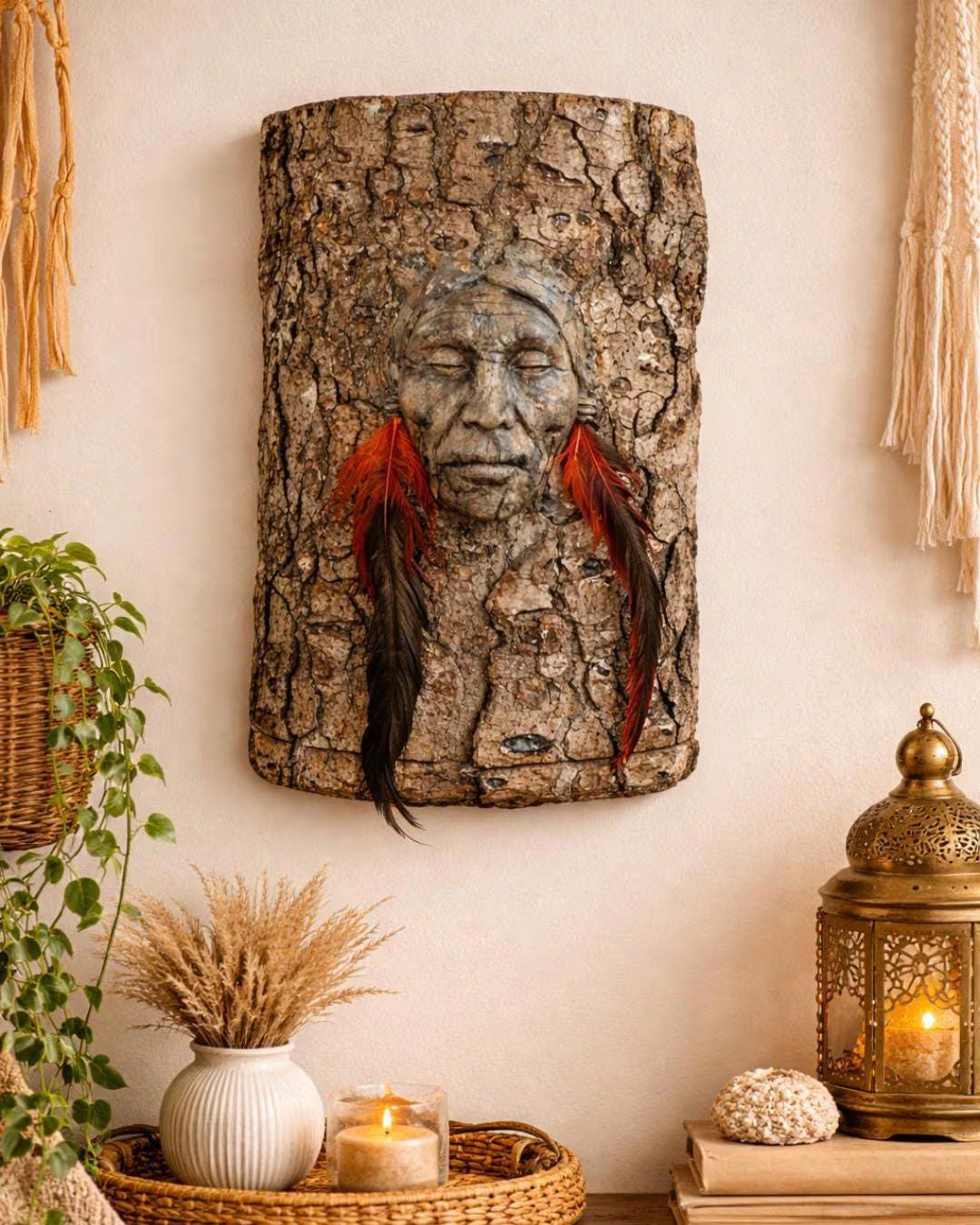Listen to Your Heart tree bark elder wall sculpture displayed on wall for scale and home decor context
