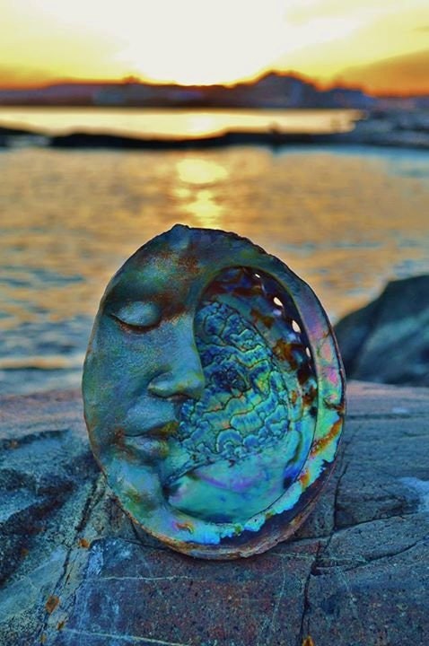 Moon of New Beginnings abalone moon sculpture renewal celestial spiritual art by Debra Bernier