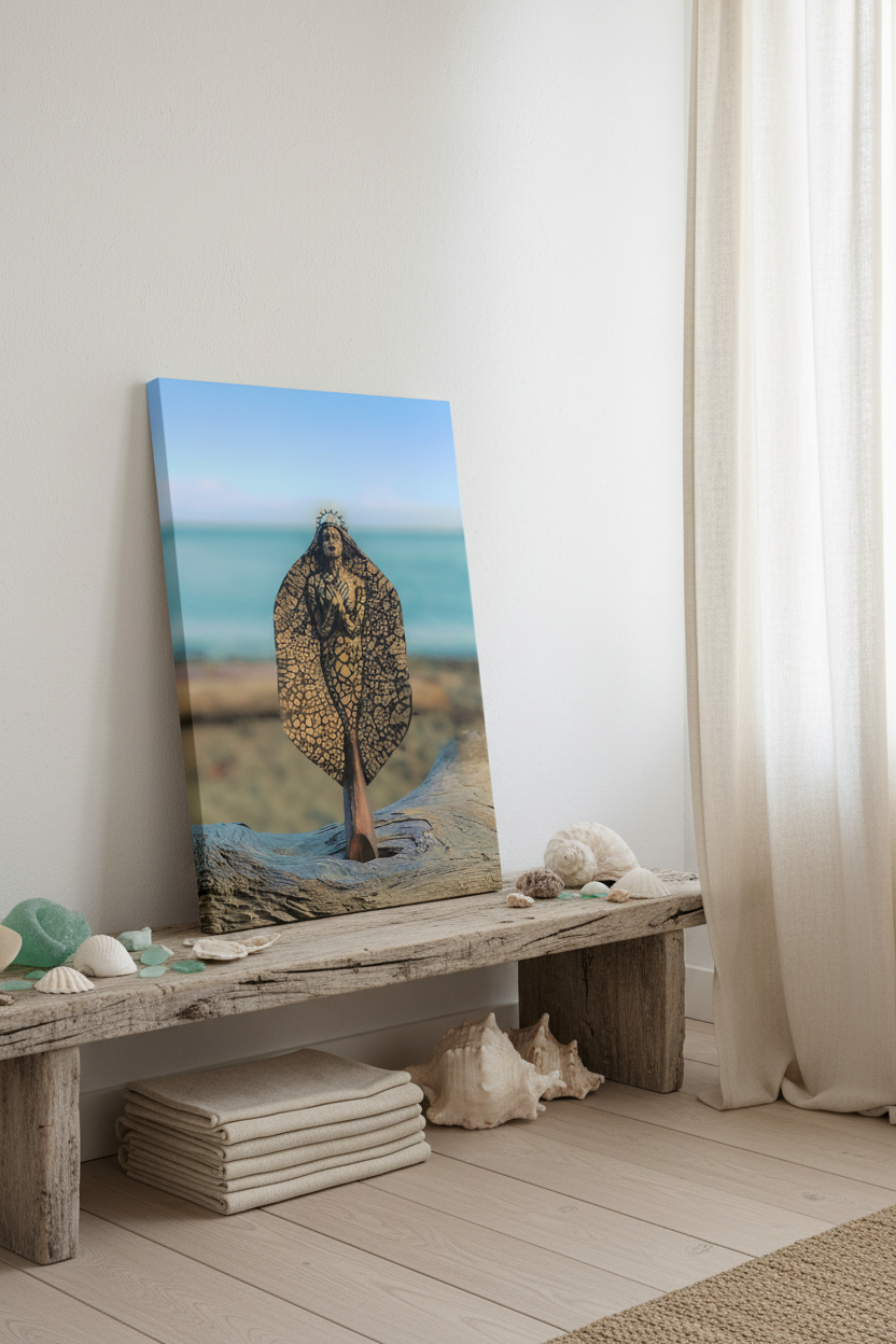 A vertical canvas print leaning against a white wall on a rustic wooden bench, showing a beach scene with a woman in a leopard-print dress. The room has a light wood floor, folded neutral textiles, and a sheer curtain.
