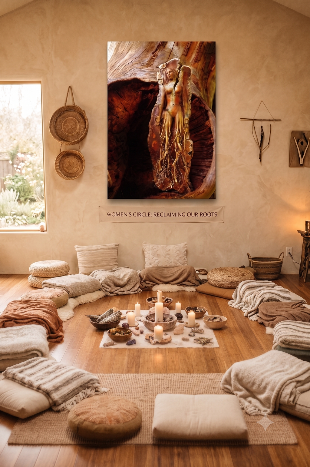 Room with a central arrangement of candles and stones, surrounded by cushions and a large wall painting.