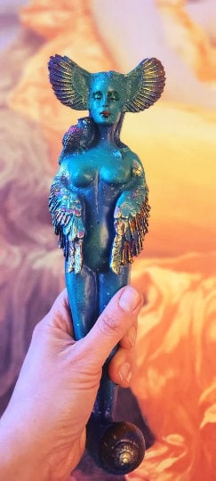 Close up of hand finished texture detail on Owl Goddess spiritual owl sculpture