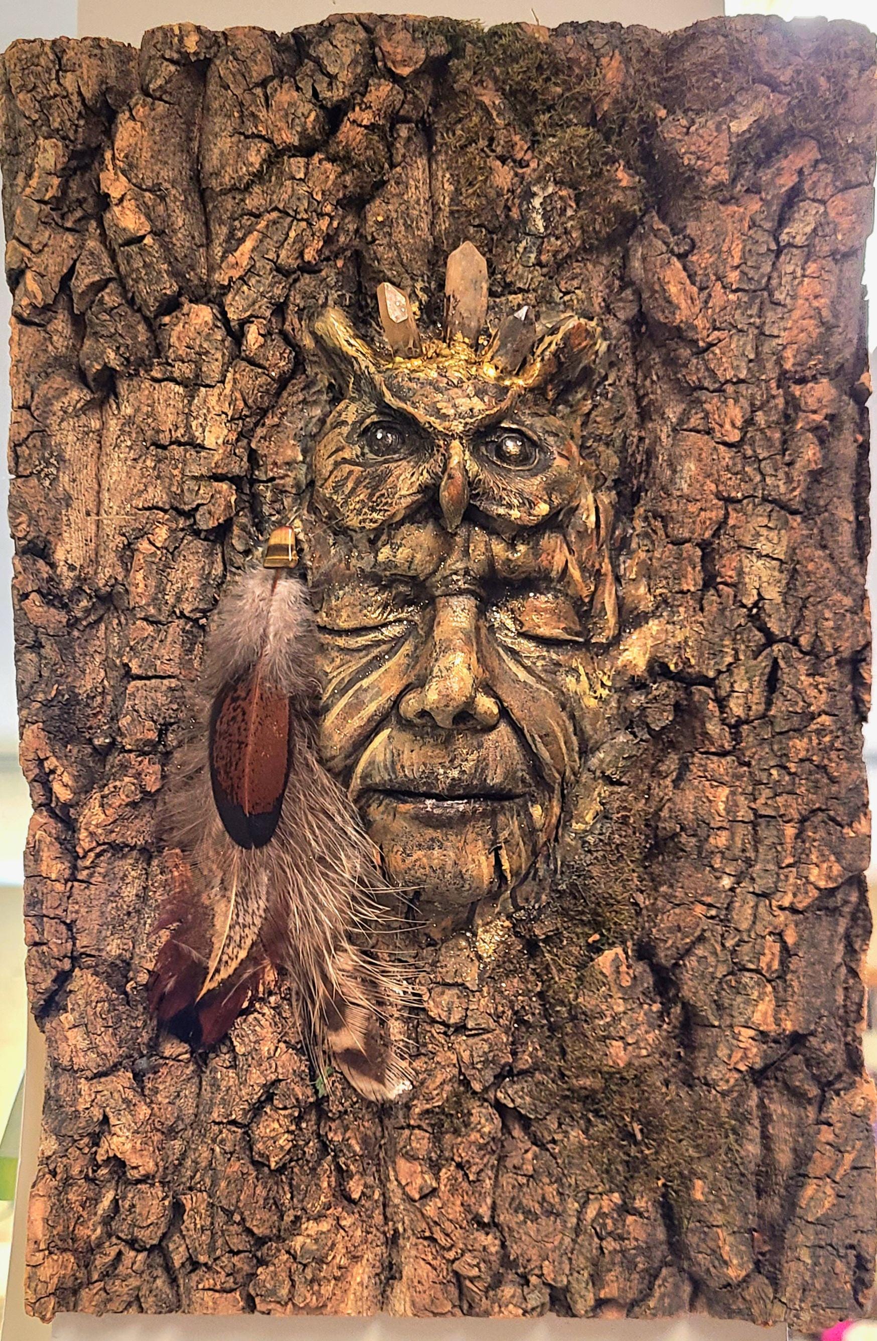 Owl Spirit of the Forest tree bark owl sculpture spiritual woodland art by Debra Bernier