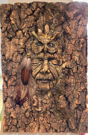 Owl Spirit of the Forest tree bark owl sculpture spiritual woodland art by Debra Bernier