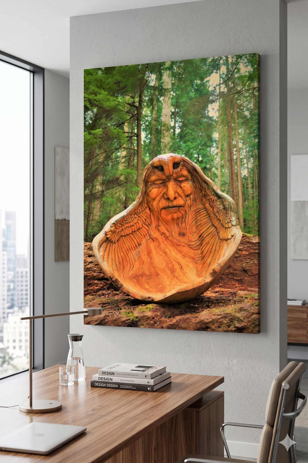 Carved wooden face in the shape of a bowl on a forest background in an office setting