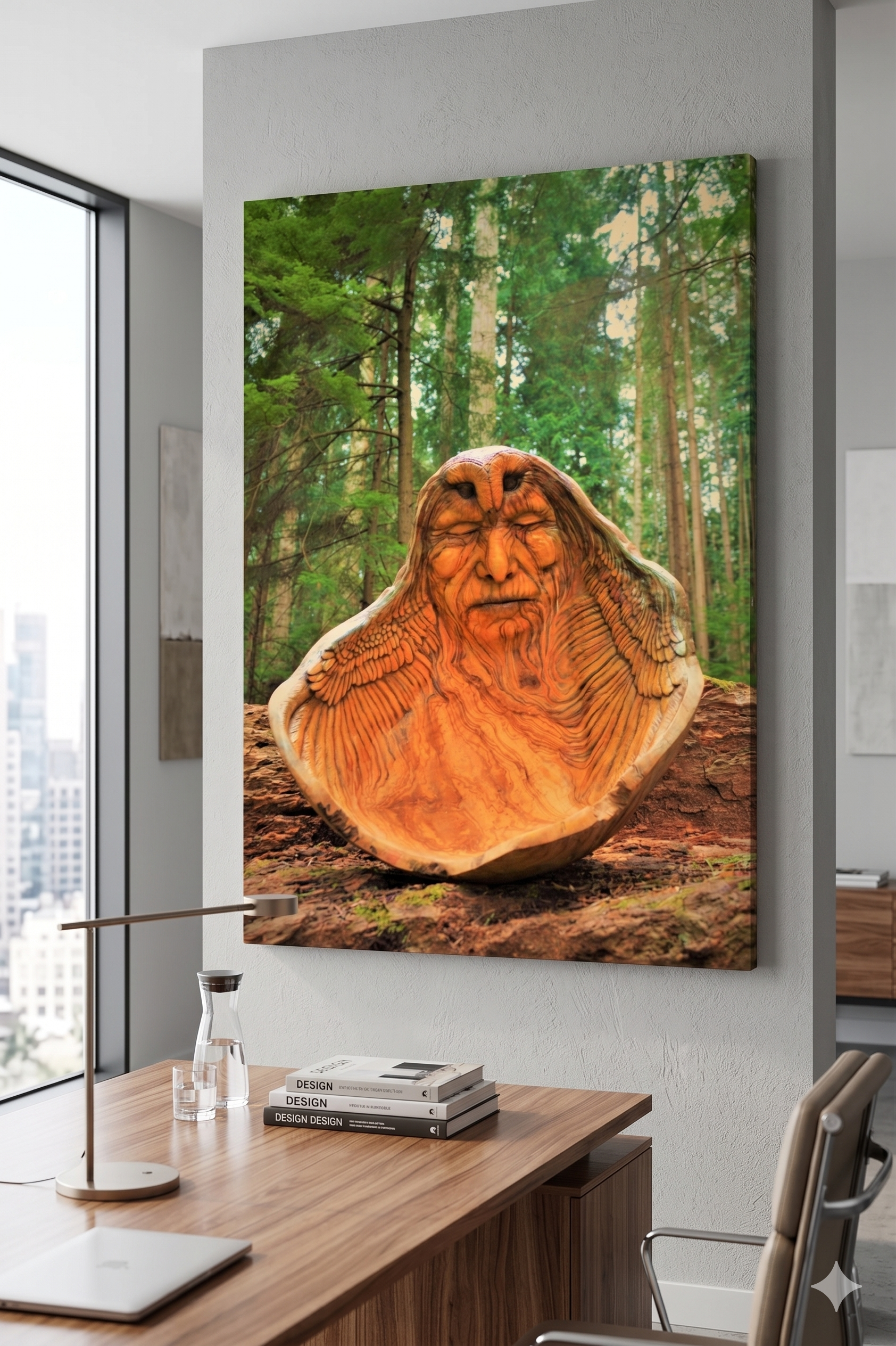 Carved wooden face in the shape of a bowl on a forest background in an office setting