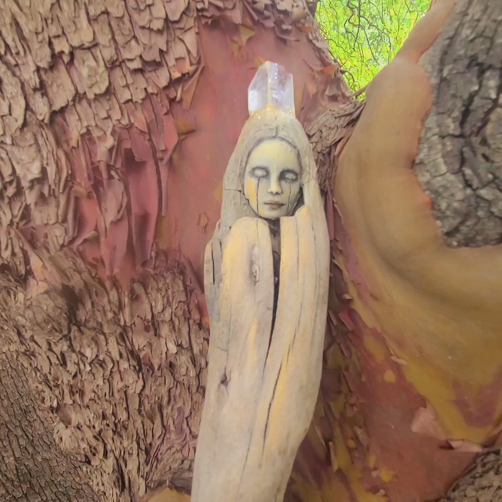Sleeping Seed Driftwood Eoman with Quartz Crystal by Debra Bernier, Shaping Spirit