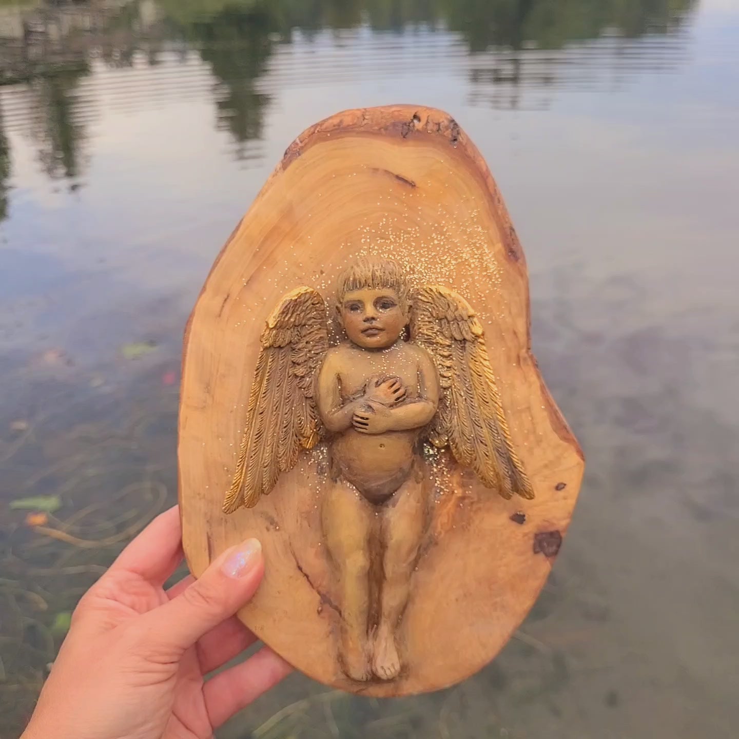 Child Angel, Guardian Baby in Olive Wood, Wall Art