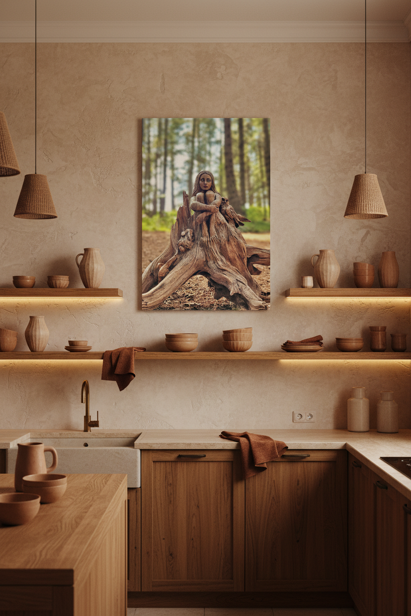 A vertical canvas wall art print depicting a rustic statue of a woman on a tree stump in a forest, displayed in a warm, modern kitchen setting above wooden shelves and cabinets.