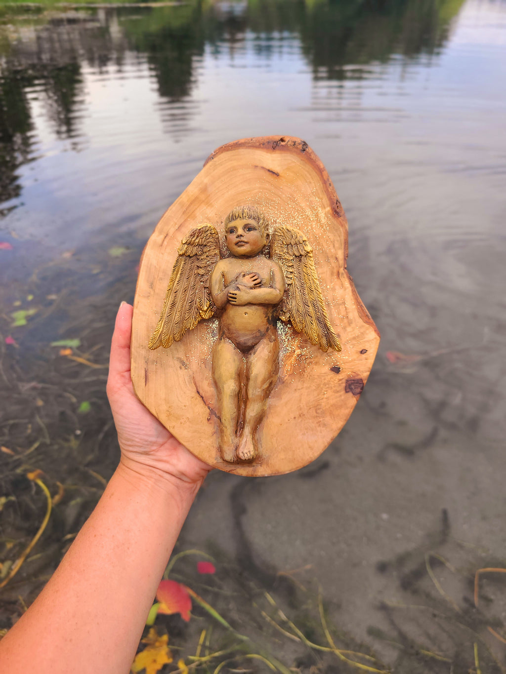 Child Angel, Guardian Baby in Olive Wood, Wall Art