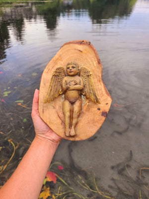 Child Angel, Guardian Baby in Olive Wood, Wall Art