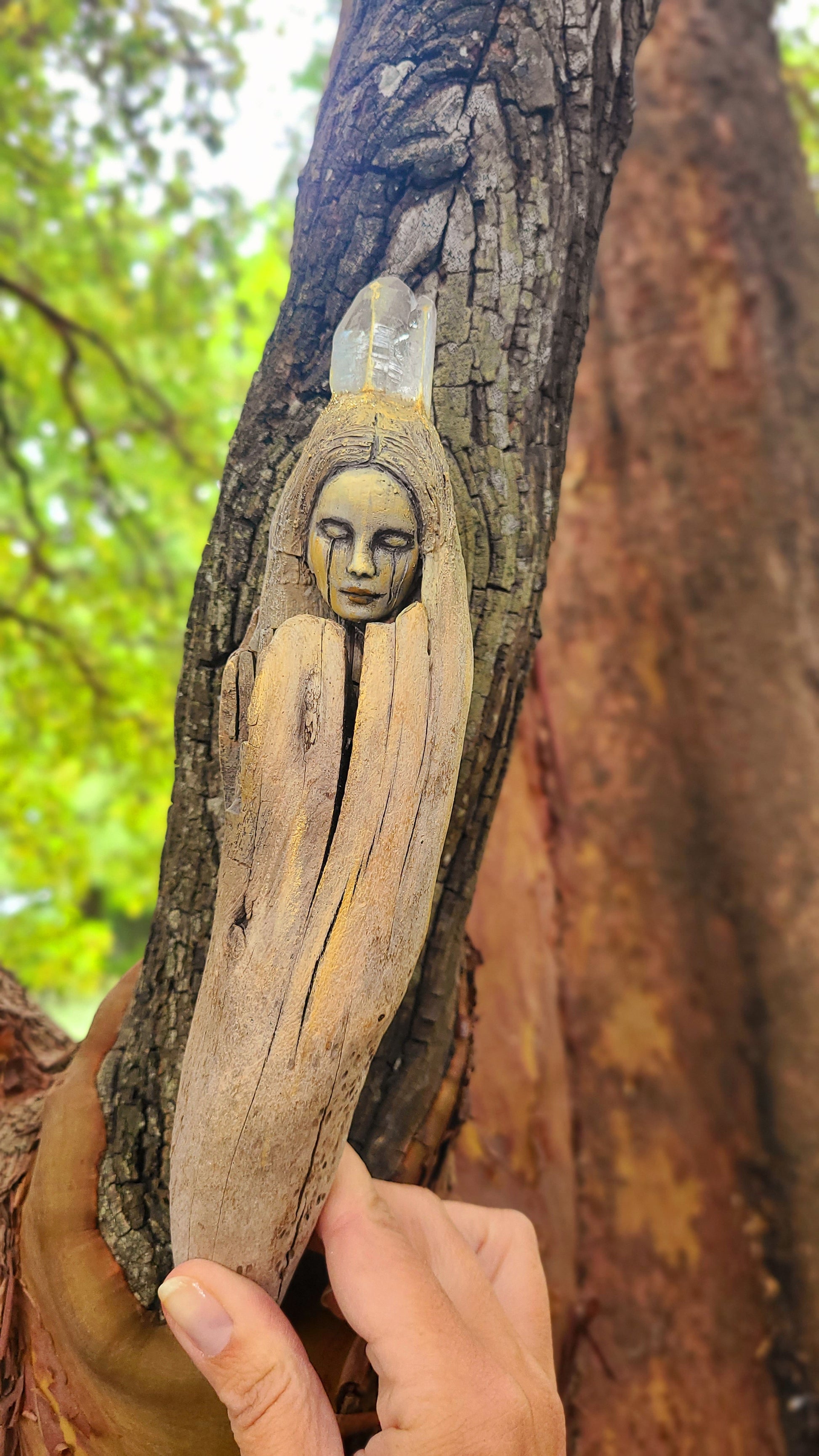 Sleeping Seed Driftwood Eoman with Quartz Crystal by Debra Bernier, Shaping Spirit