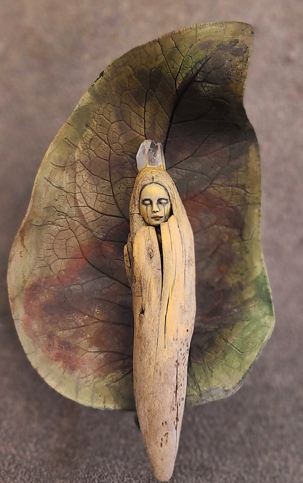 Sleeping Seed Driftwood Eoman with Quartz Crystal by Debra Bernier, Shaping Spirit
