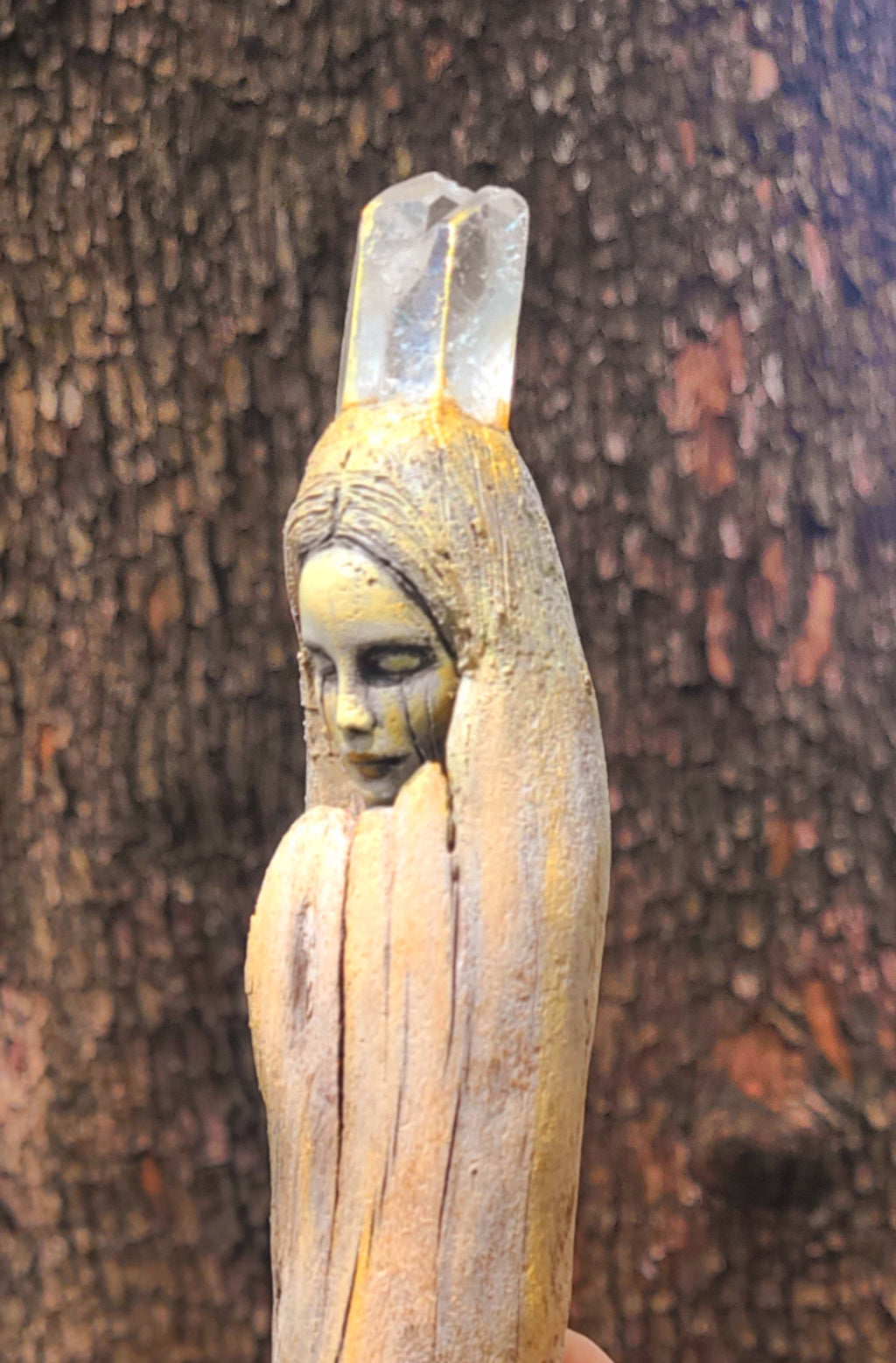 Sleeping Seed Driftwood Eoman with Quartz Crystal by Debra Bernier, Shaping Spirit