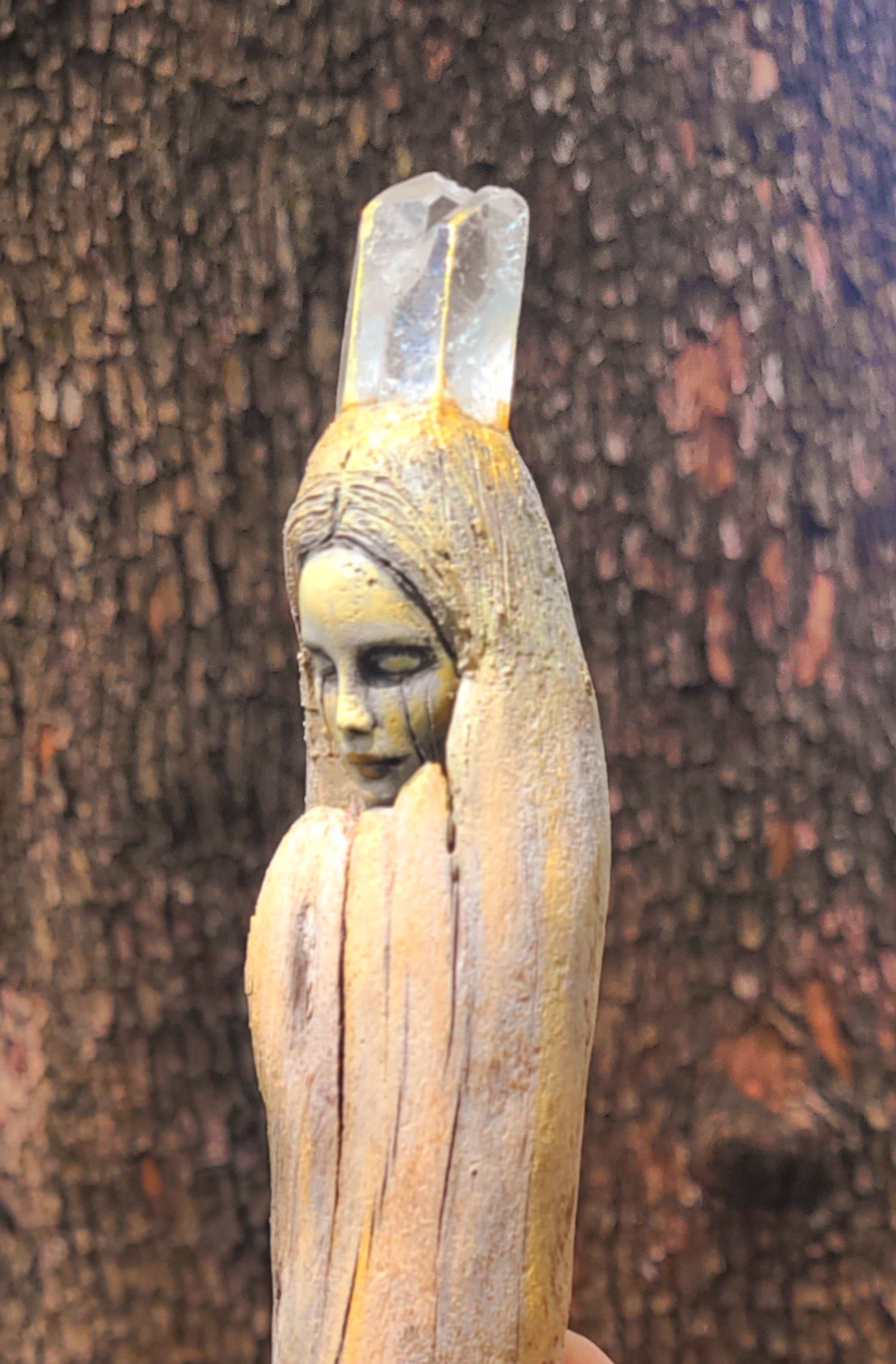 Sleeping Seed Driftwood Eoman with Quartz Crystal by Debra Bernier, Shaping Spirit
