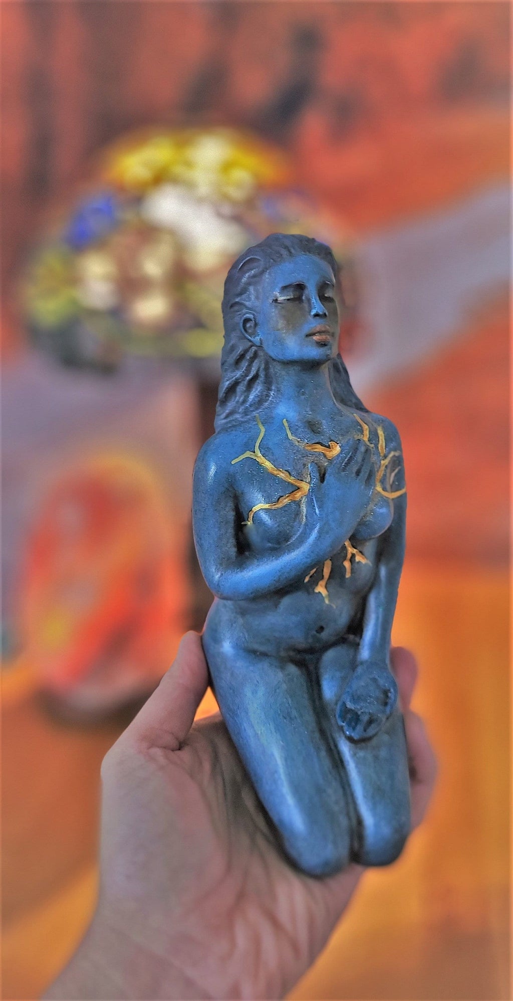 Self Love blue healing feminine sculpture symbolizing compassion and emotional wellness by Debra Bernier