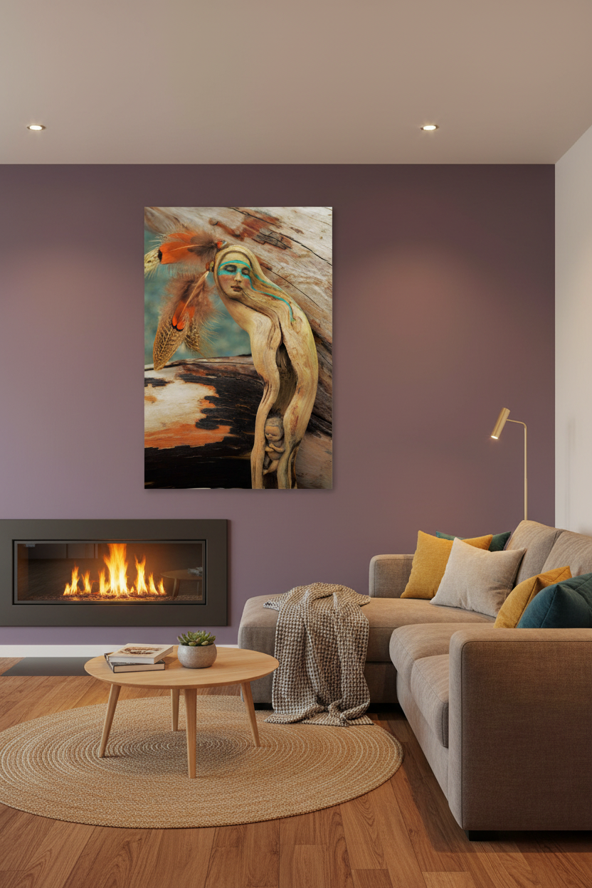 A vertical canvas wall art print featuring an abstract painting of a stylized female figure, displayed in a modern living room setting above a fireplace and next to a gray sectional sofa.