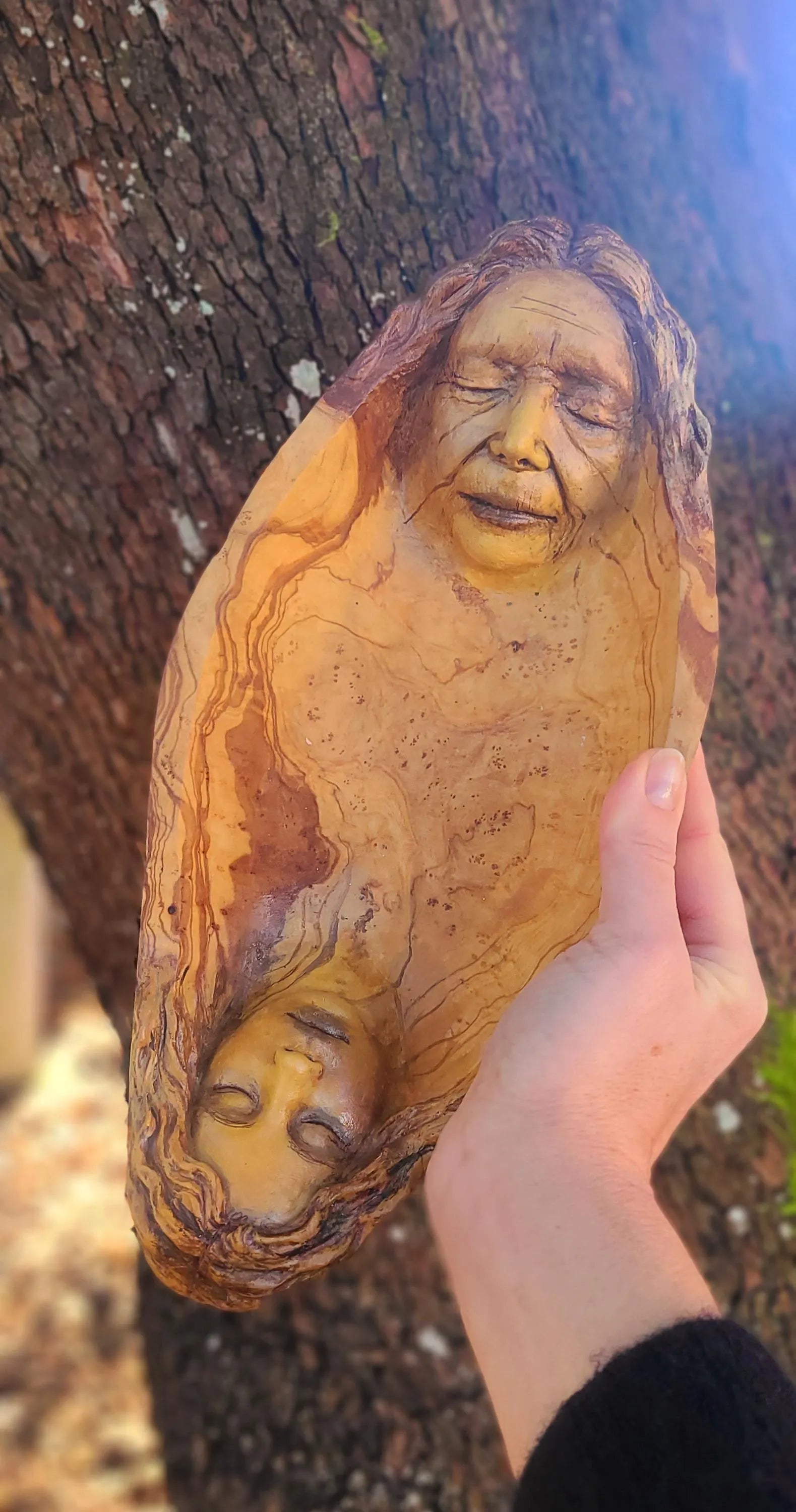 The Lives We Live grandmother and granddaughter wooden bowl dish sculpture meaningful family art by Debra Bernier