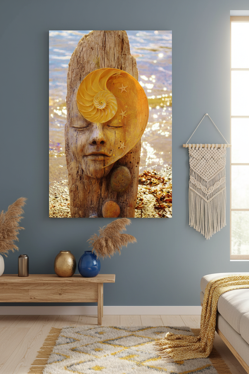 A vertical wall art print showing a wooden log with a carved face and a large yellow nautilus shell over the eye, displayed in a styled room with a blue-gray wall, wooden bench, vases, macrame wall hanging, and part of a sofa.