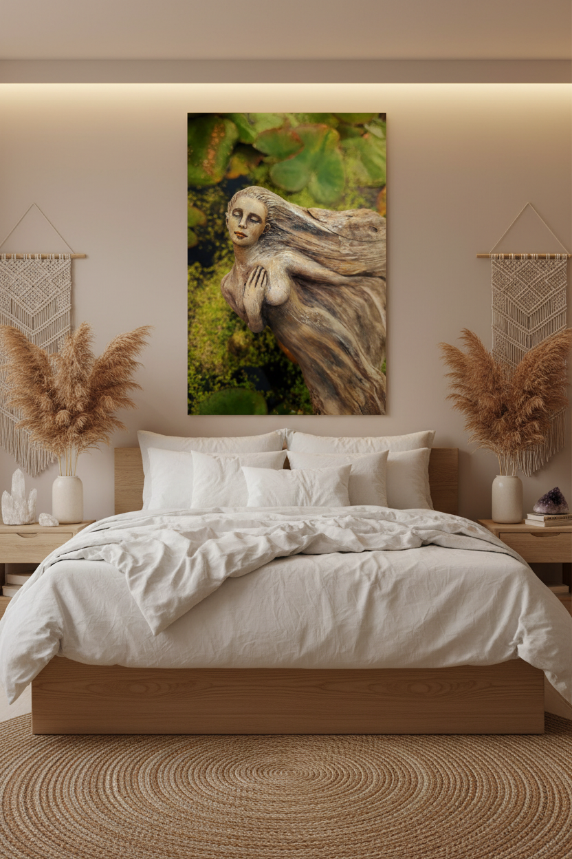A framed vertical canvas print of a woman with flowing hair against a forest background, displayed on a light wood headboard above a neatly made bed in a warm, modern boho bedroom.