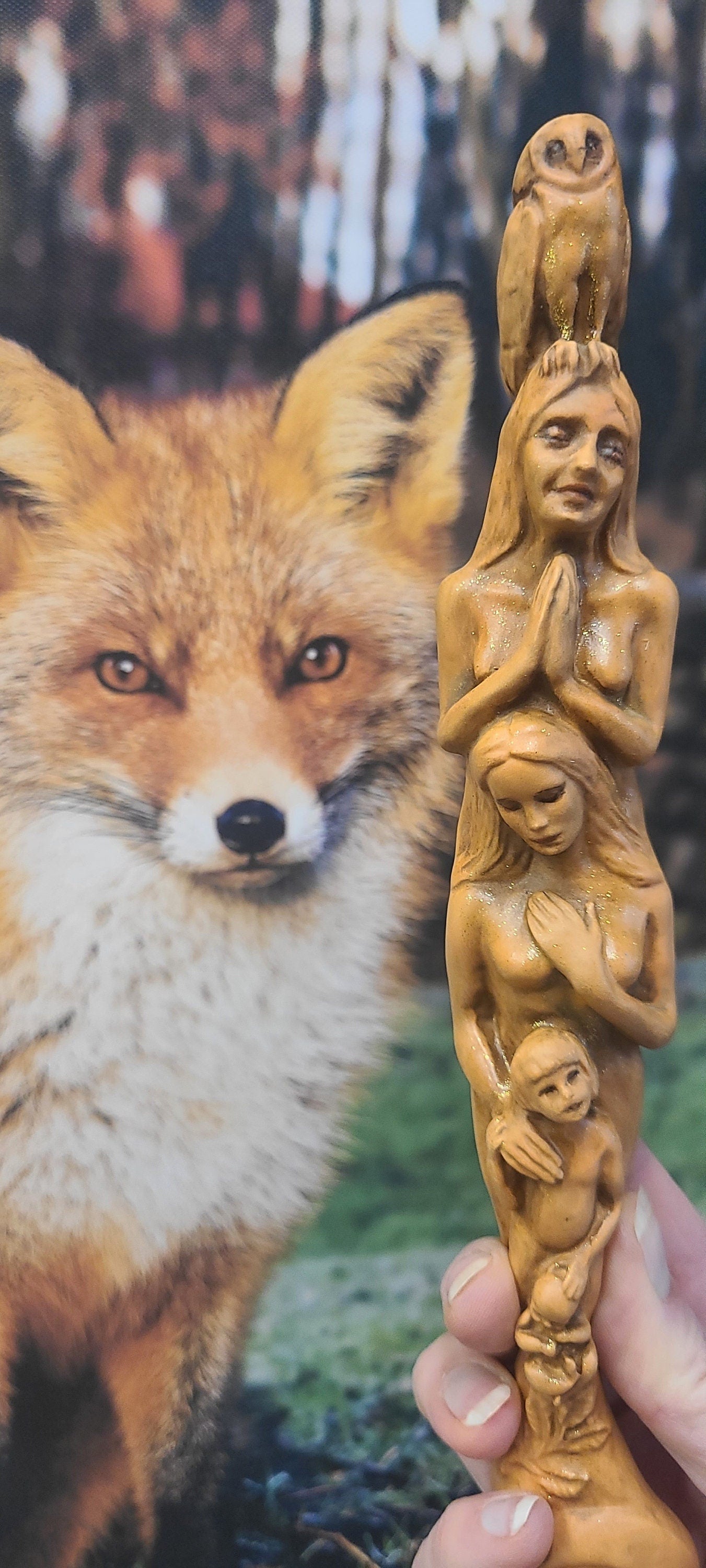 Totem of Woman tan totem sculpture styled in spiritual home decor and meditation space