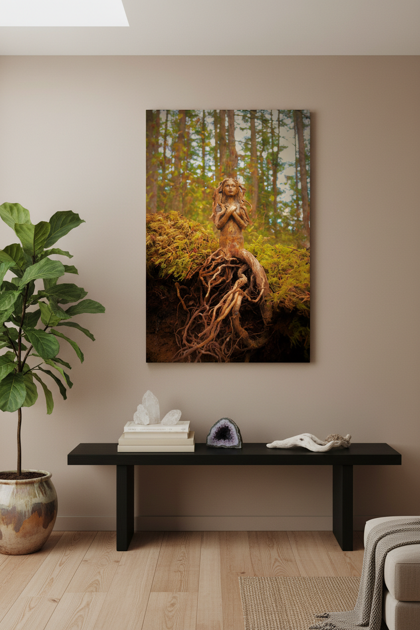 A vertical wall art print depicting a tree trunk statue in a forest, displayed on a beige wall above a black console table in a styled living room setting.