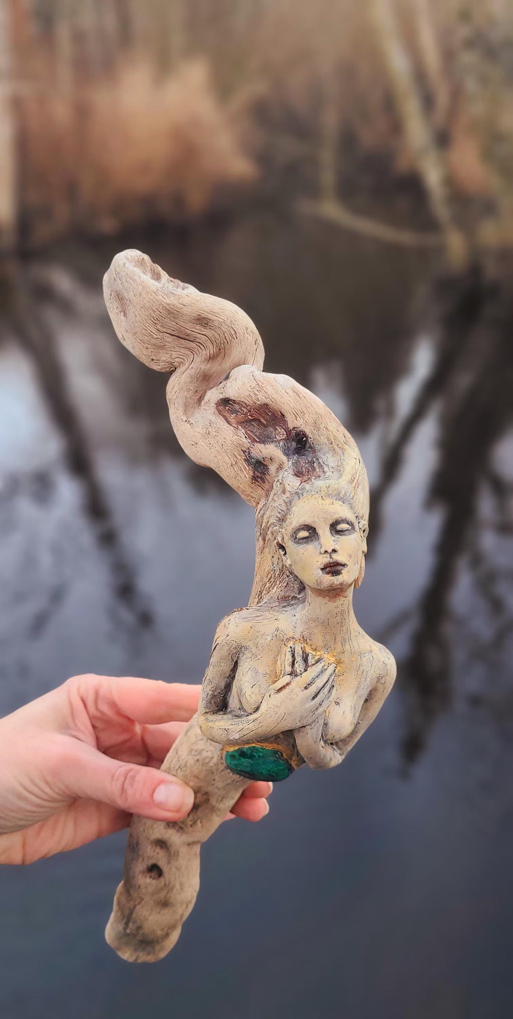 We Find the Way wooden root woman sculpture with turquoise stone spiritual nature art by Debra Bernier